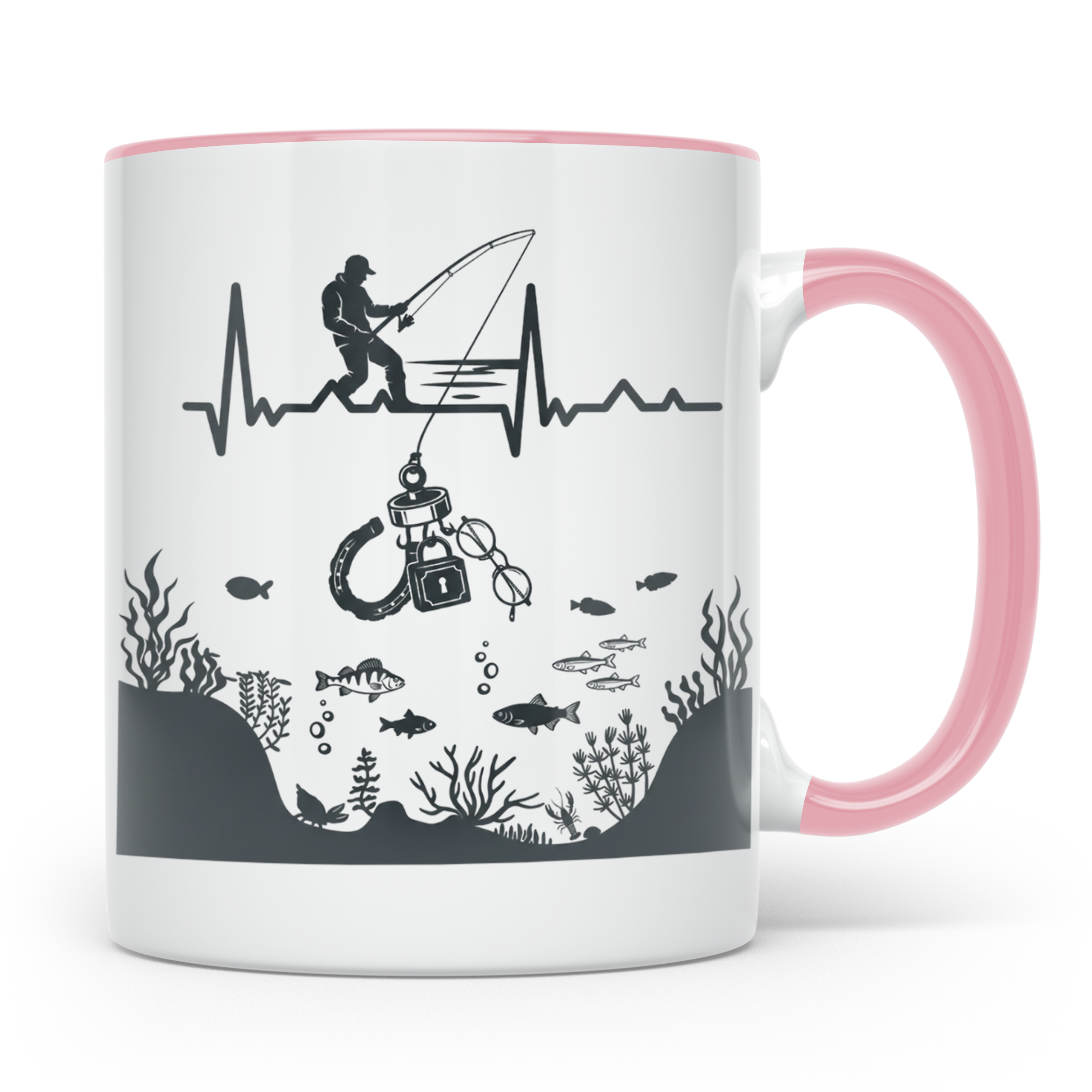 Magnetfischer Tasse mit Herzschlag für Angler, Sondengänger  – Rosa [farbe:rosa]