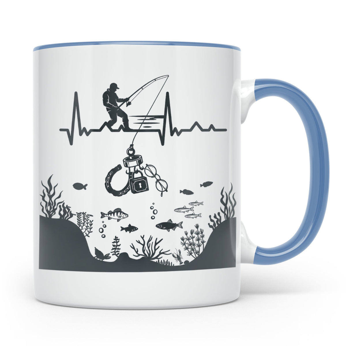 Magnetfischer Tasse mit Herzschlag für Angler, Sondengänger  – Blau [farbe:blau]