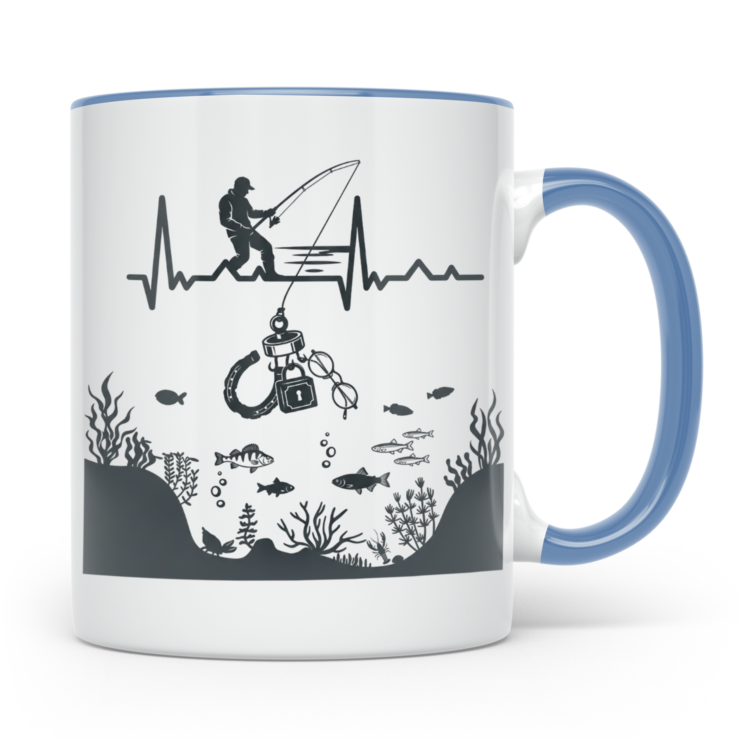Magnetfischer Tasse mit Herzschlag für Angler, Sondengänger  – Blau [farbe:blau]