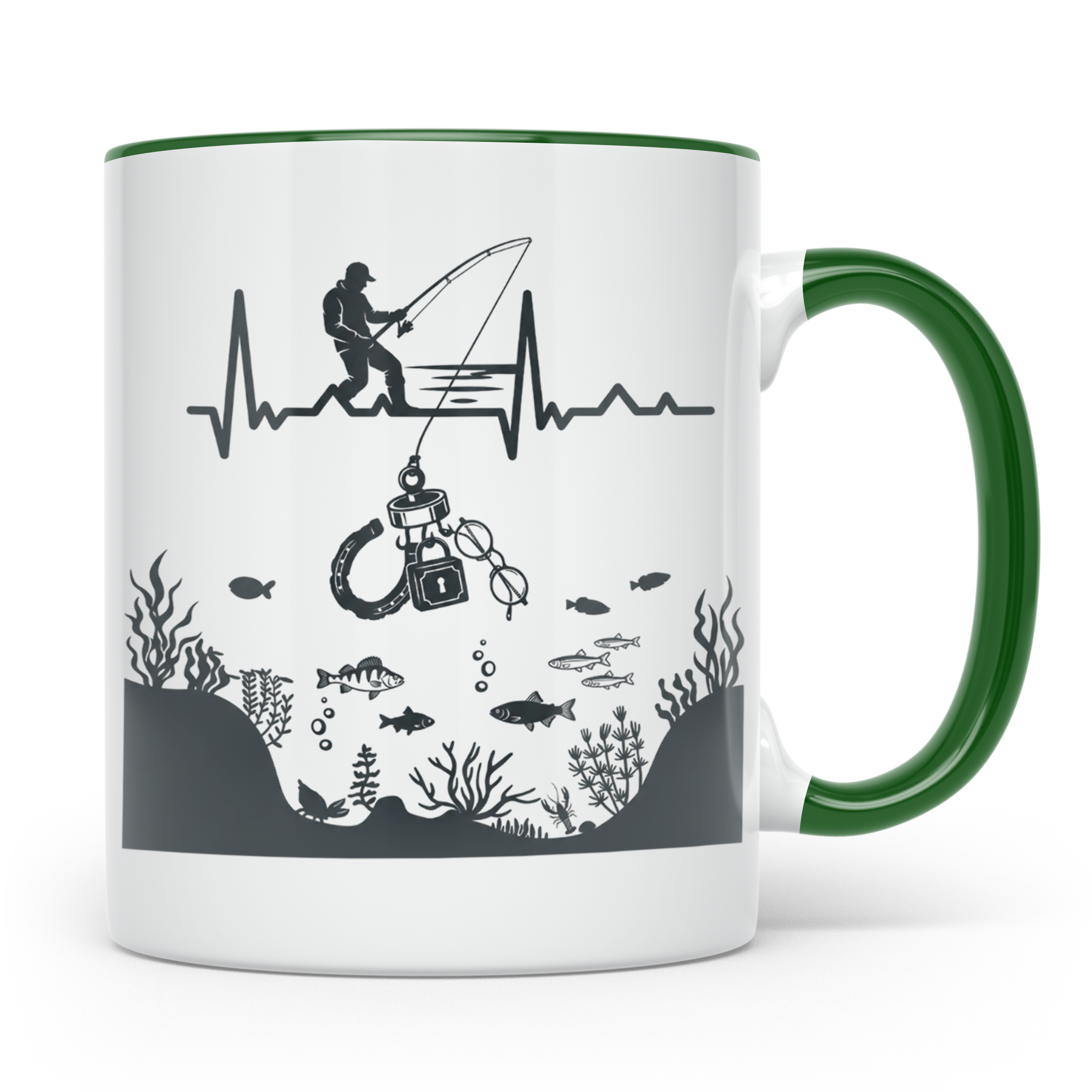 Magnetfischer Tasse mit Herzschlag für Angler, Sondengänger  – Grün [farbe:grün]