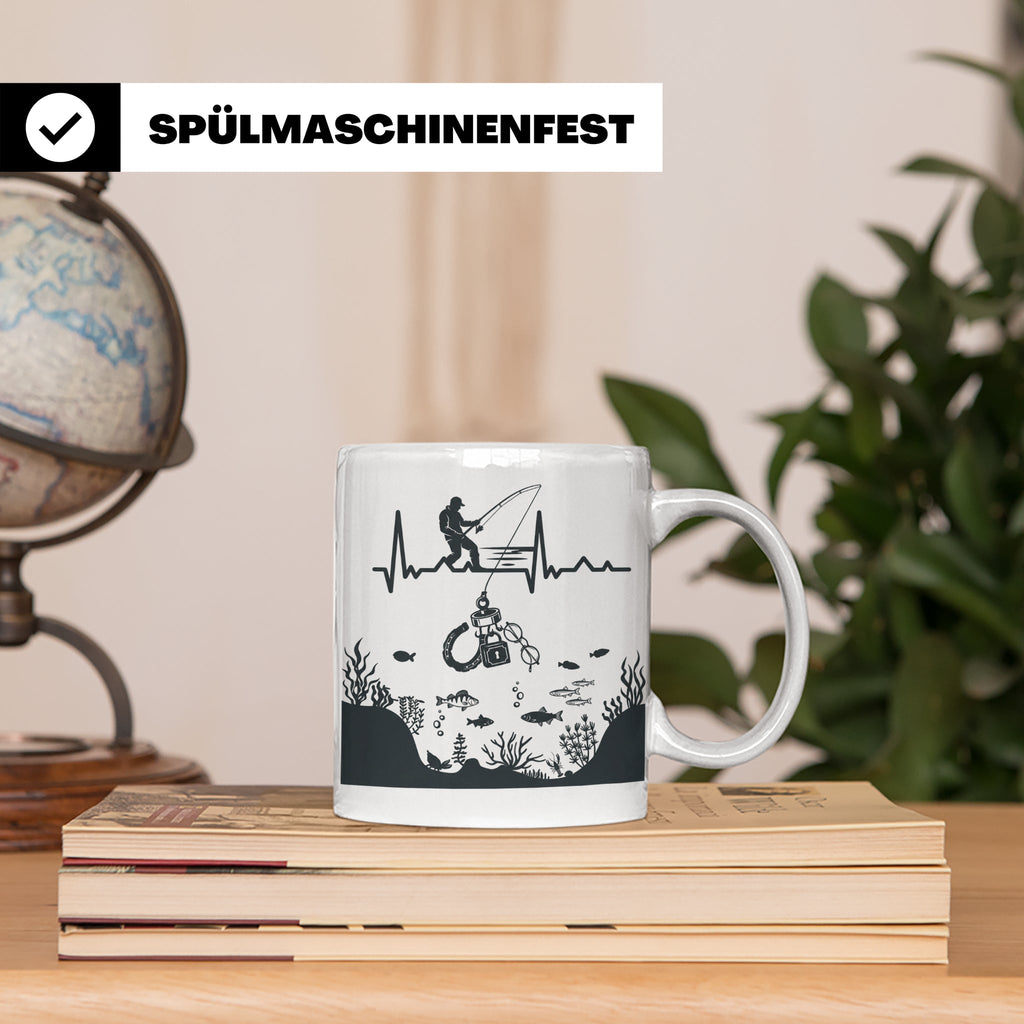 Magnetfischer Tasse mit Herzschlag für Angler, Sondengänger  – Weiß [farbe:weiß]