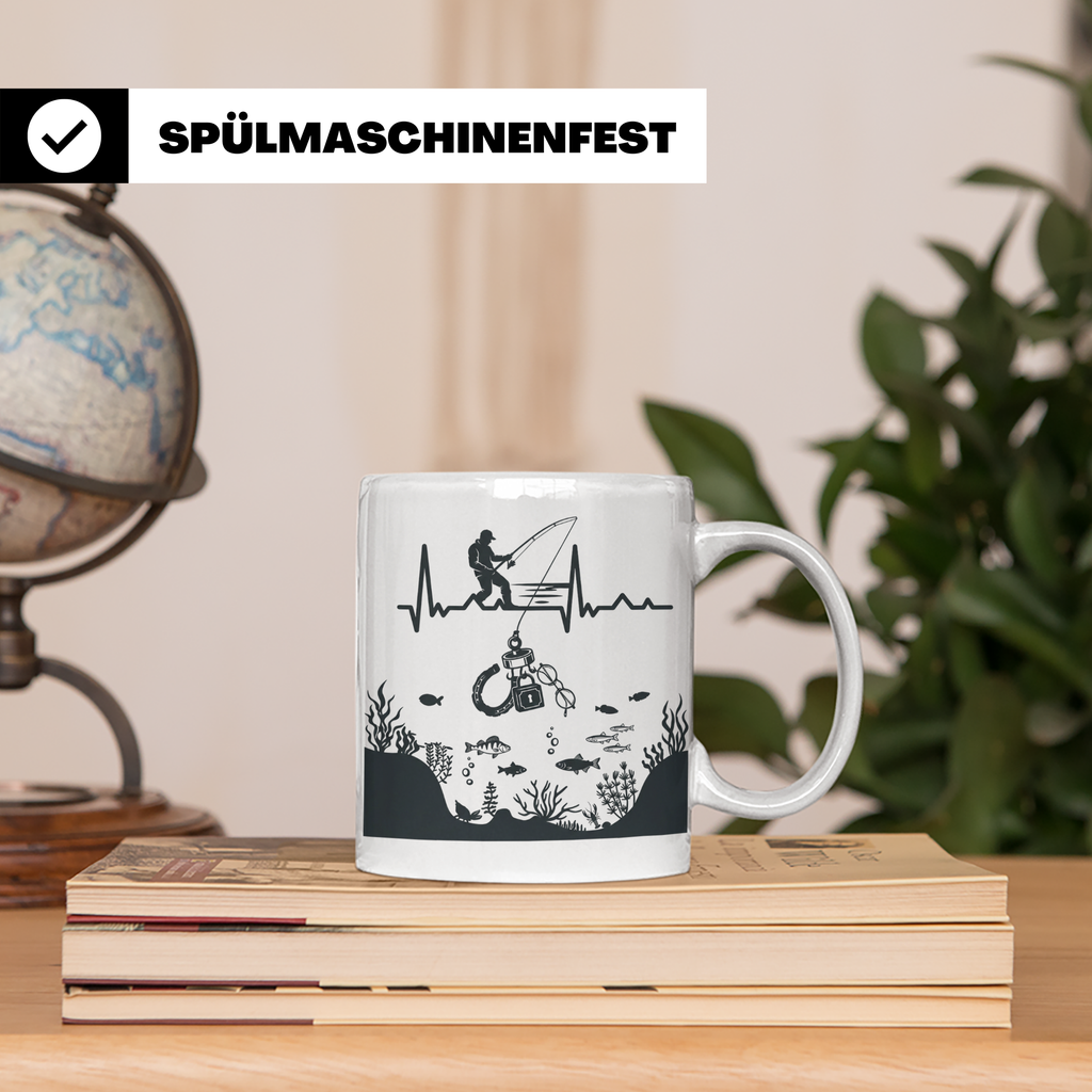 Magnetfischer Tasse mit Herzschlag für Angler, Sondengänger  – Weiß [farbe:weiß]