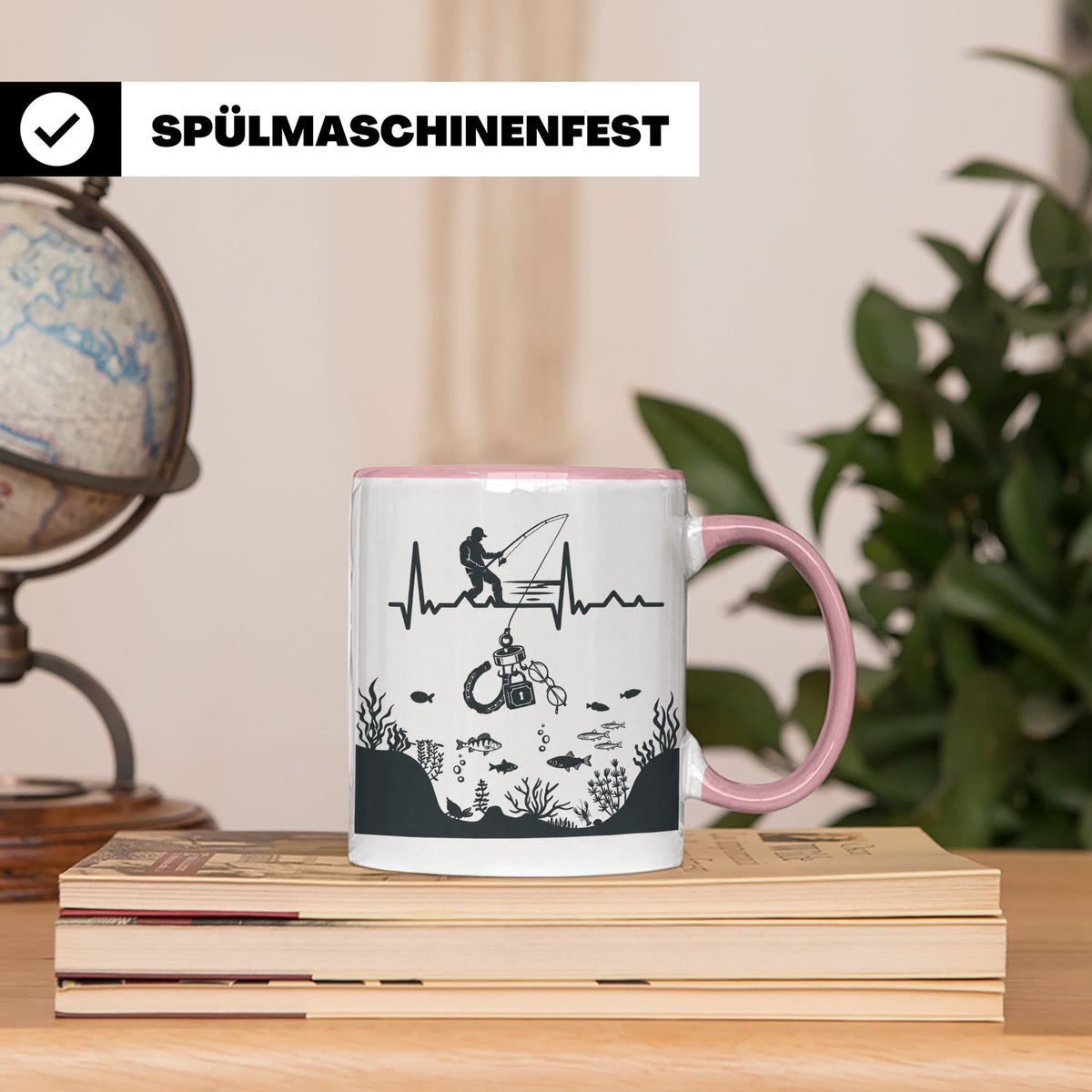 Magnetfischer Tasse mit Herzschlag für Angler, Sondengänger  – Rosa [farbe:rosa]