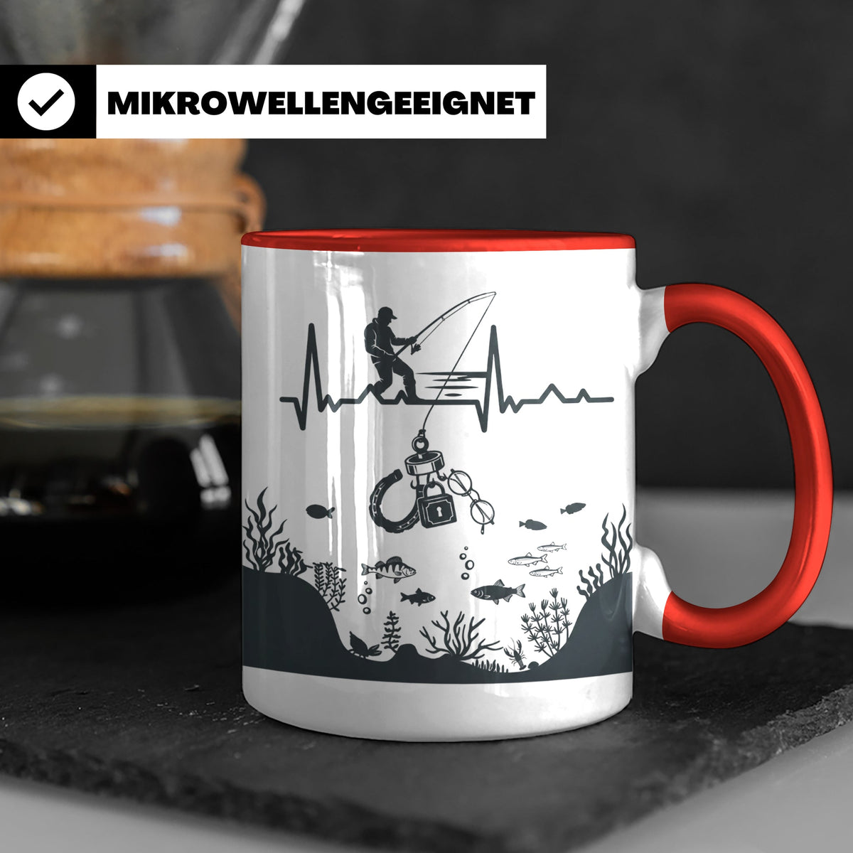 Magnetfischer Tasse mit Herzschlag für Angler, Sondengänger  – Rot [farbe:rot]