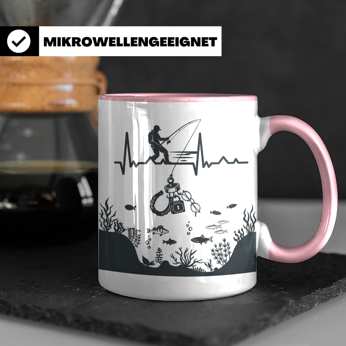 Magnetfischer Tasse mit Herzschlag für Angler, Sondengänger  – Rosa [farbe:rosa]