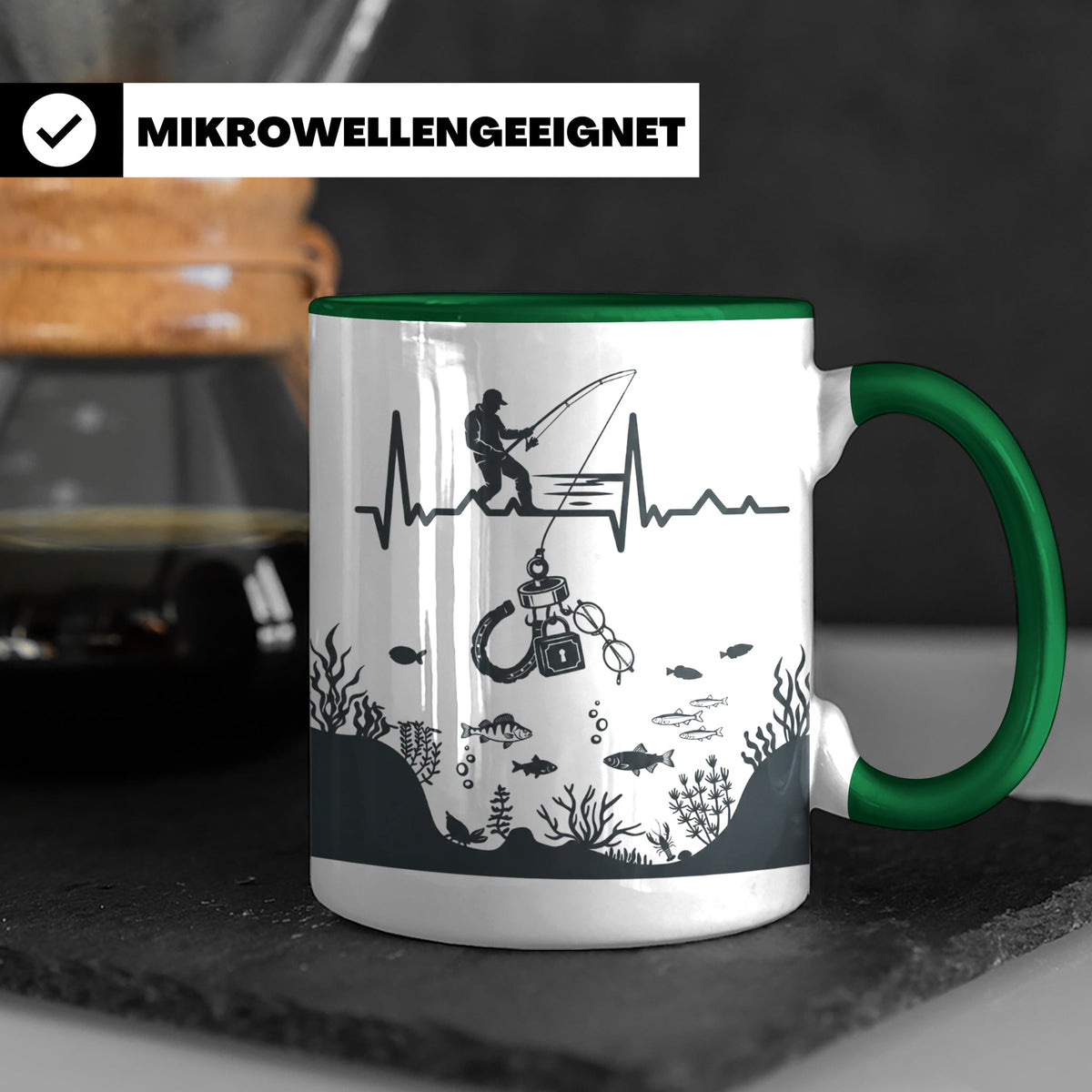 Magnetfischer Tasse mit Herzschlag für Angler, Sondengänger  – Grün [farbe:grün]