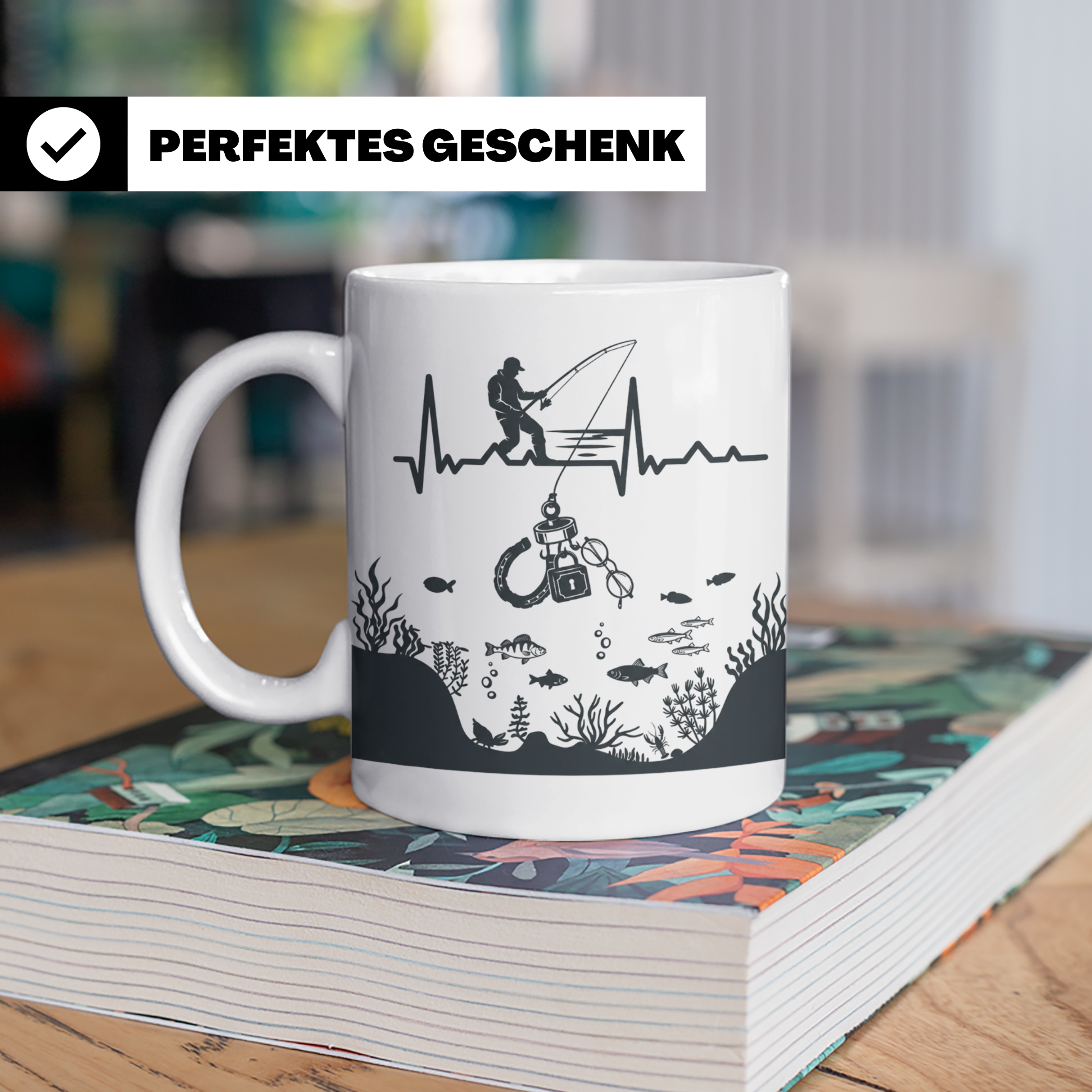 Magnetfischer Tasse mit Herzschlag für Angler, Sondengänger  – Weiß [farbe:weiß]