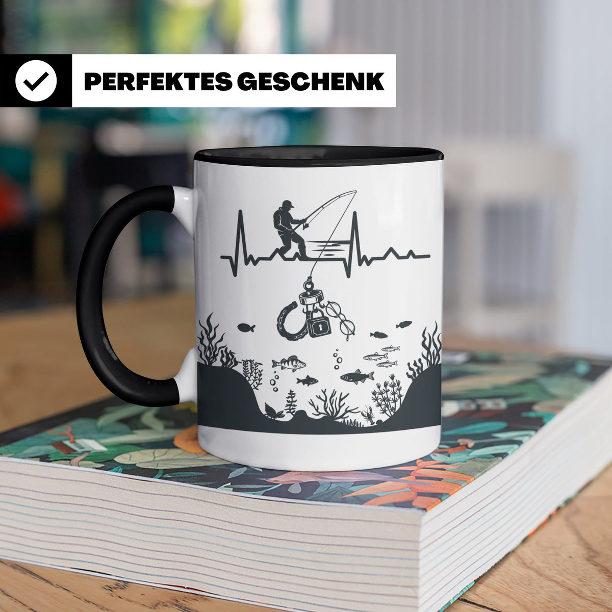 Magnetfischer Tasse mit Herzschlag für Angler, Sondengänger  – Schwarz [farbe:schwarz]
