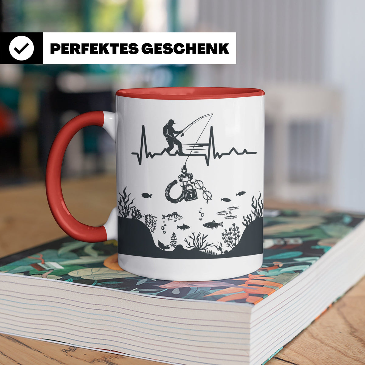 Magnetfischer Tasse mit Herzschlag für Angler, Sondengänger  – Rot [farbe:rot]