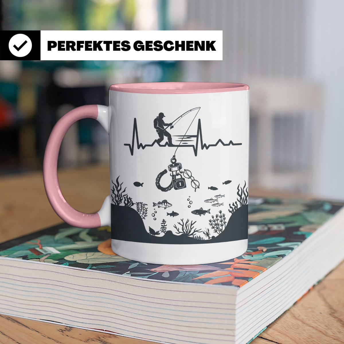 Magnetfischer Tasse mit Herzschlag für Angler, Sondengänger  – Rosa [farbe:rosa]