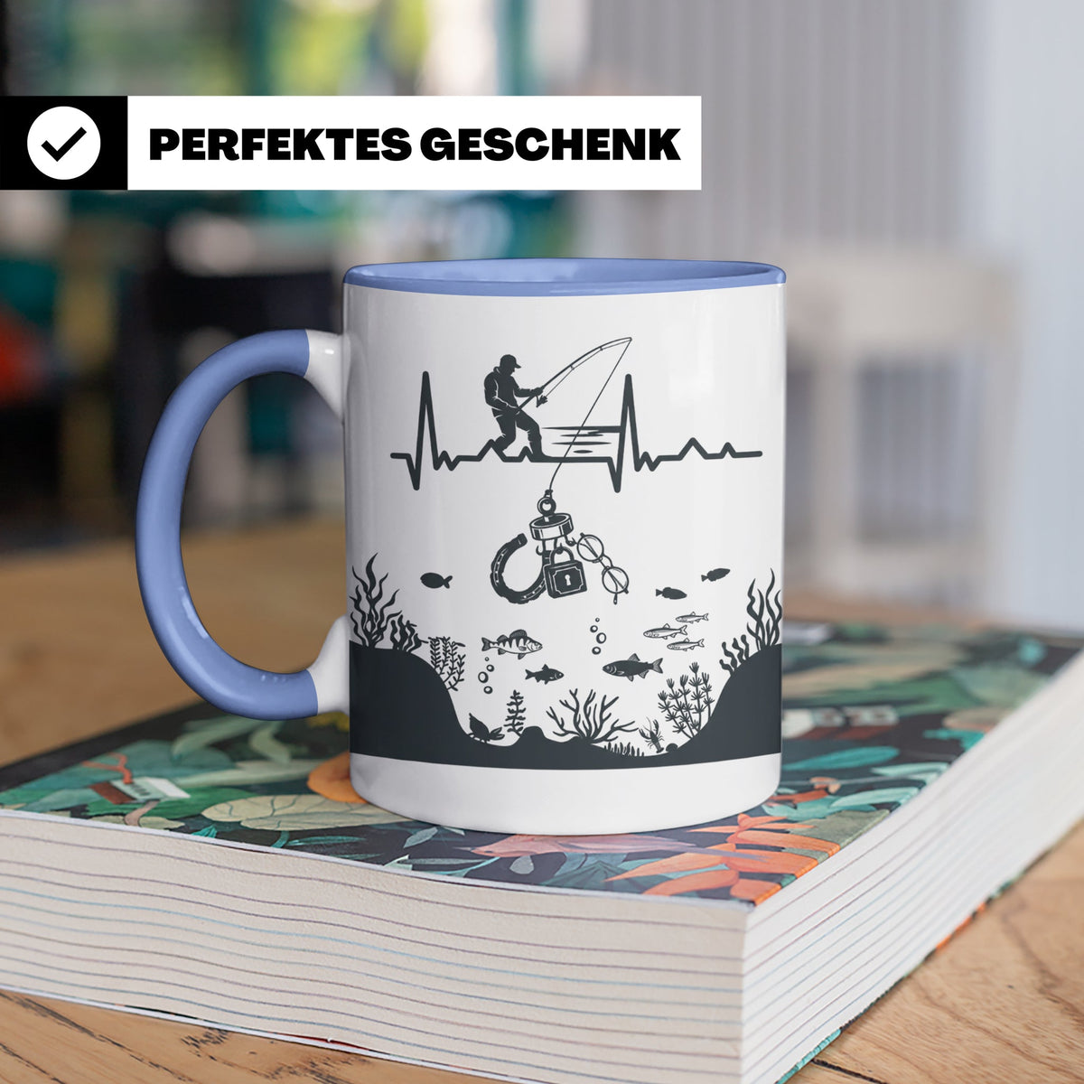 Magnetfischer Tasse mit Herzschlag für Angler, Sondengänger  – Blau [farbe:blau]