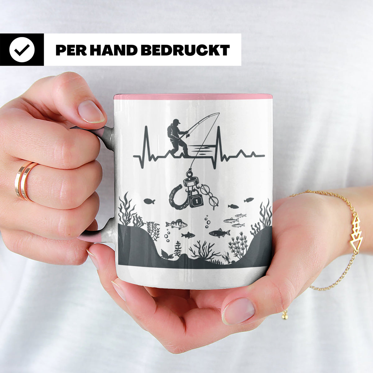 Magnetfischer Tasse mit Herzschlag für Angler, Sondengänger  – Rosa [farbe:rosa]