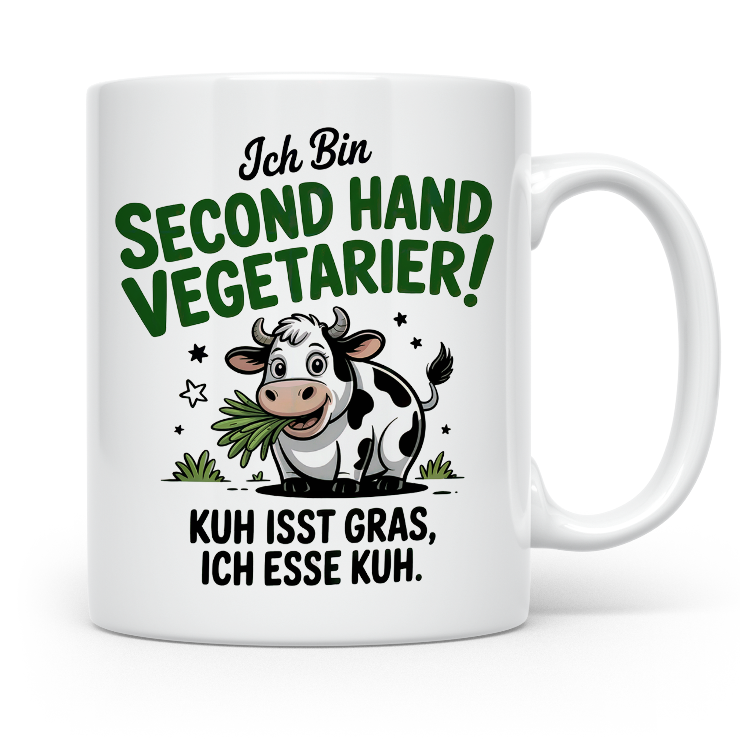 Second Hand Vegetarier Tasse | Lustige Kuh Sprüche Geschenkidee für Fleischesser | Ironie Sarkasmus Kuhliebhaber | Kuh isst Gras | Witzige B