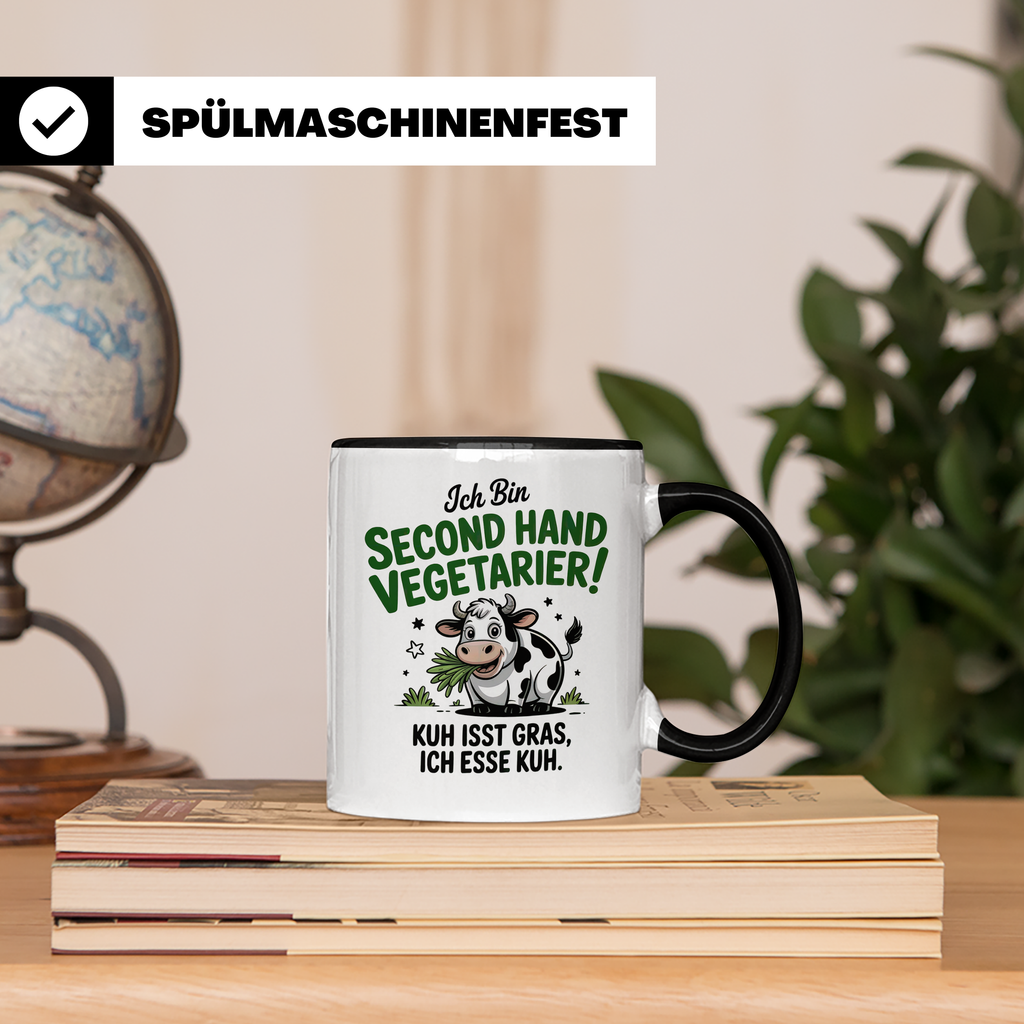 Second Hand Vegetarier Tasse | Lustige Kuh Sprüche Geschenkidee für Fleischesser | Ironie Sarkasmus Kuhliebhaber | Kuh isst Gras | Witzige B