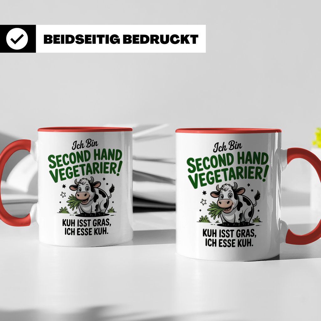Second Hand Vegetarier Tasse | Lustige Kuh Sprüche Geschenkidee für Fleischesser | Ironie Sarkasmus Kuhliebhaber | Kuh isst Gras | Witzige B