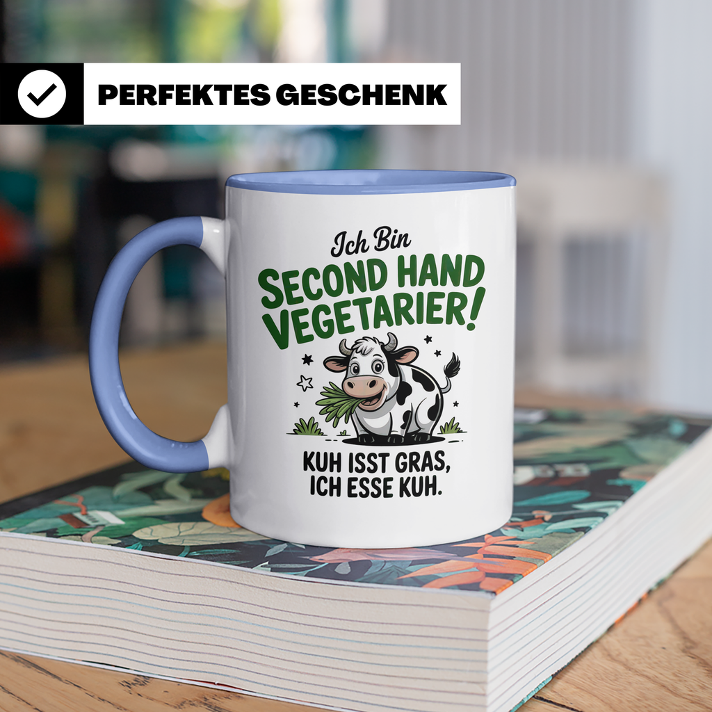 Second Hand Vegetarier Tasse | Lustige Kuh Sprüche Geschenkidee für Fleischesser | Ironie Sarkasmus Kuhliebhaber | Kuh isst Gras | Witzige B