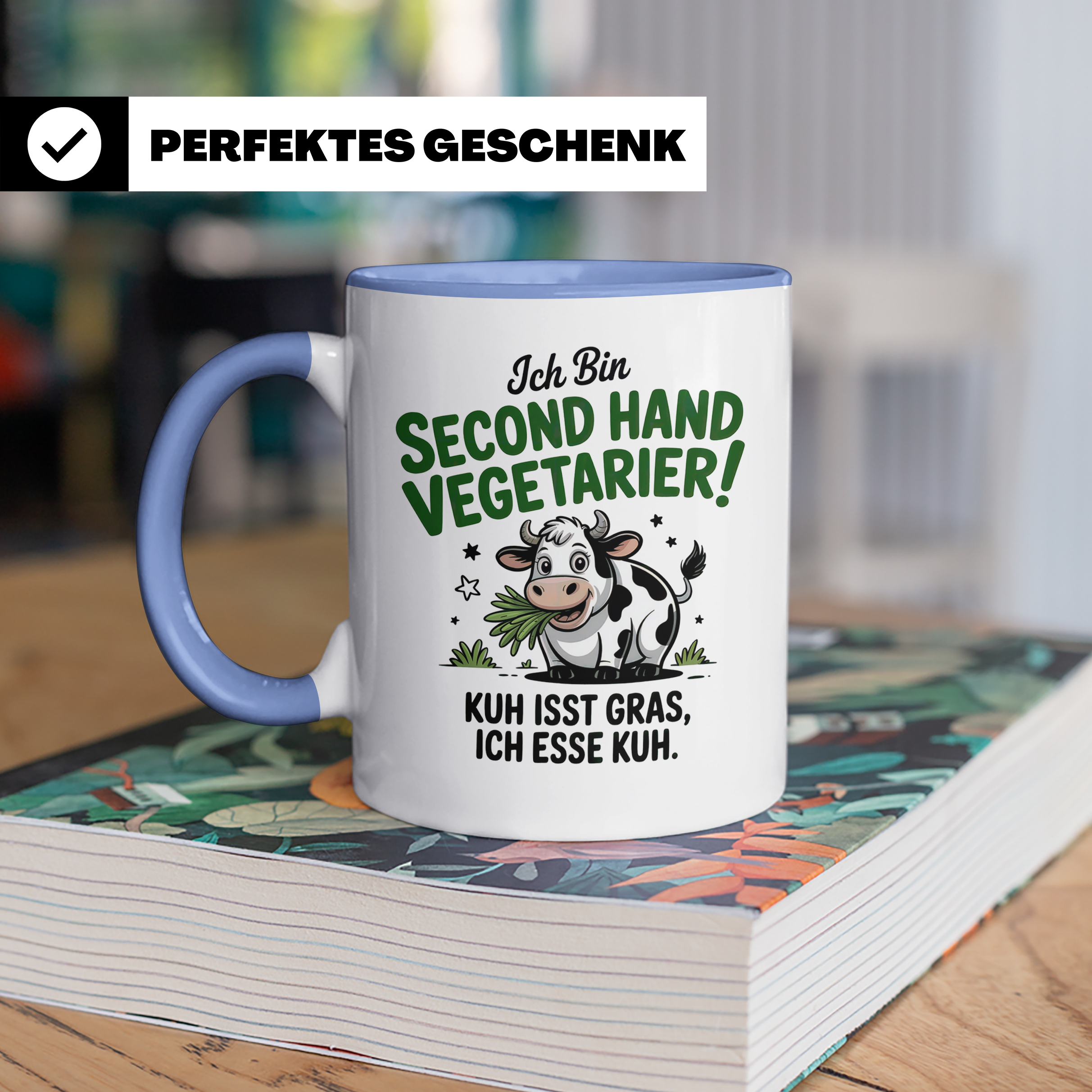 Second Hand Vegetarier Tasse | Lustige Kuh Sprüche Geschenkidee für Fleischesser | Ironie Sarkasmus Kuhliebhaber | Kuh isst Gras | Witzige B