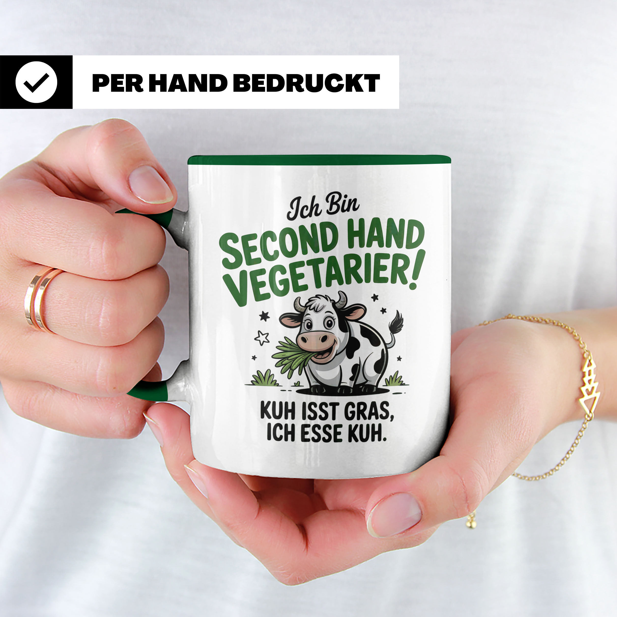 Second Hand Vegetarier Tasse | Lustige Kuh Sprüche Geschenkidee für Fleischesser | Ironie Sarkasmus Kuhliebhaber | Kuh isst Gras | Witzige B