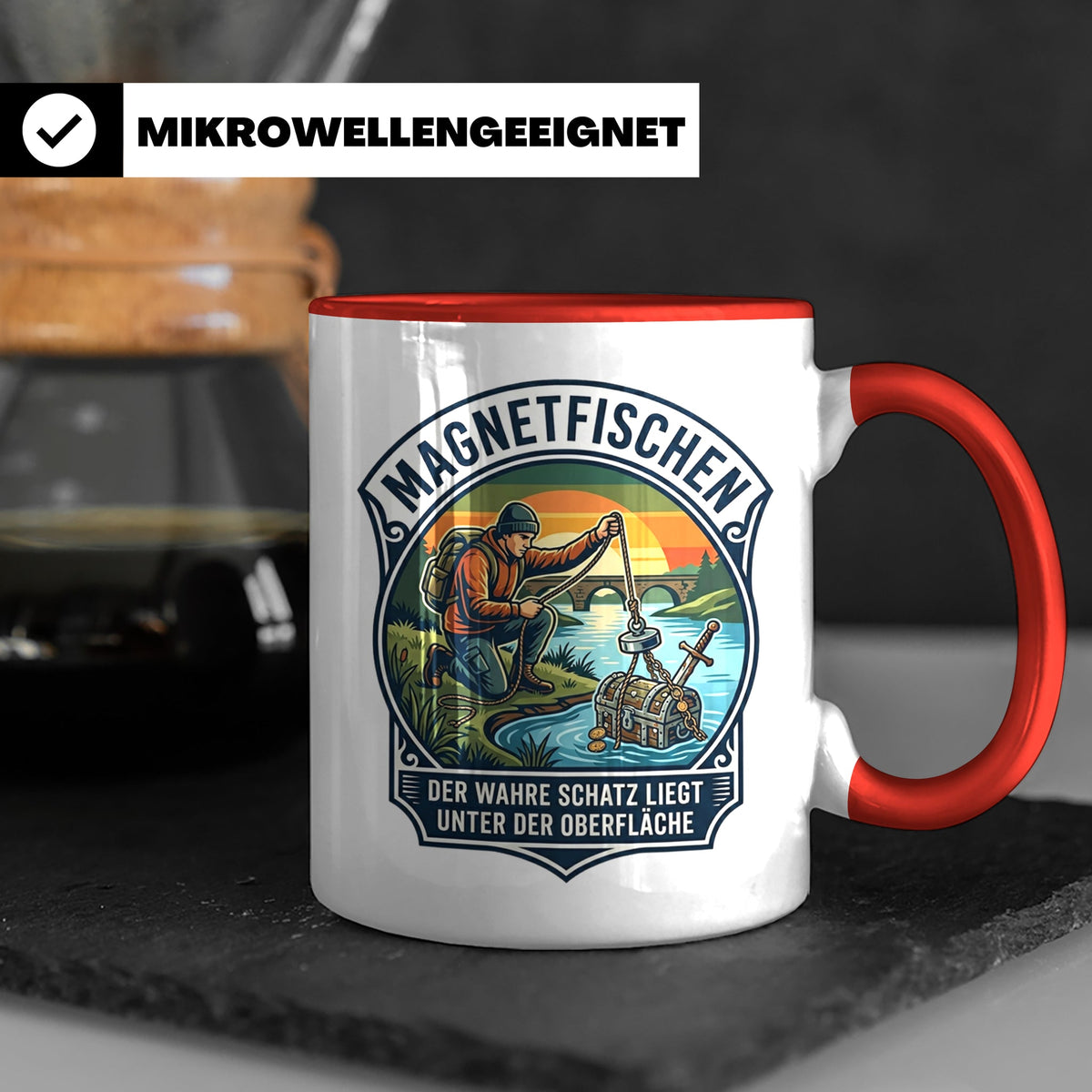 Magnetfischen Tasse mit Spruch Der wahre Schatz liegt unter  – Rot [farbe:rot]