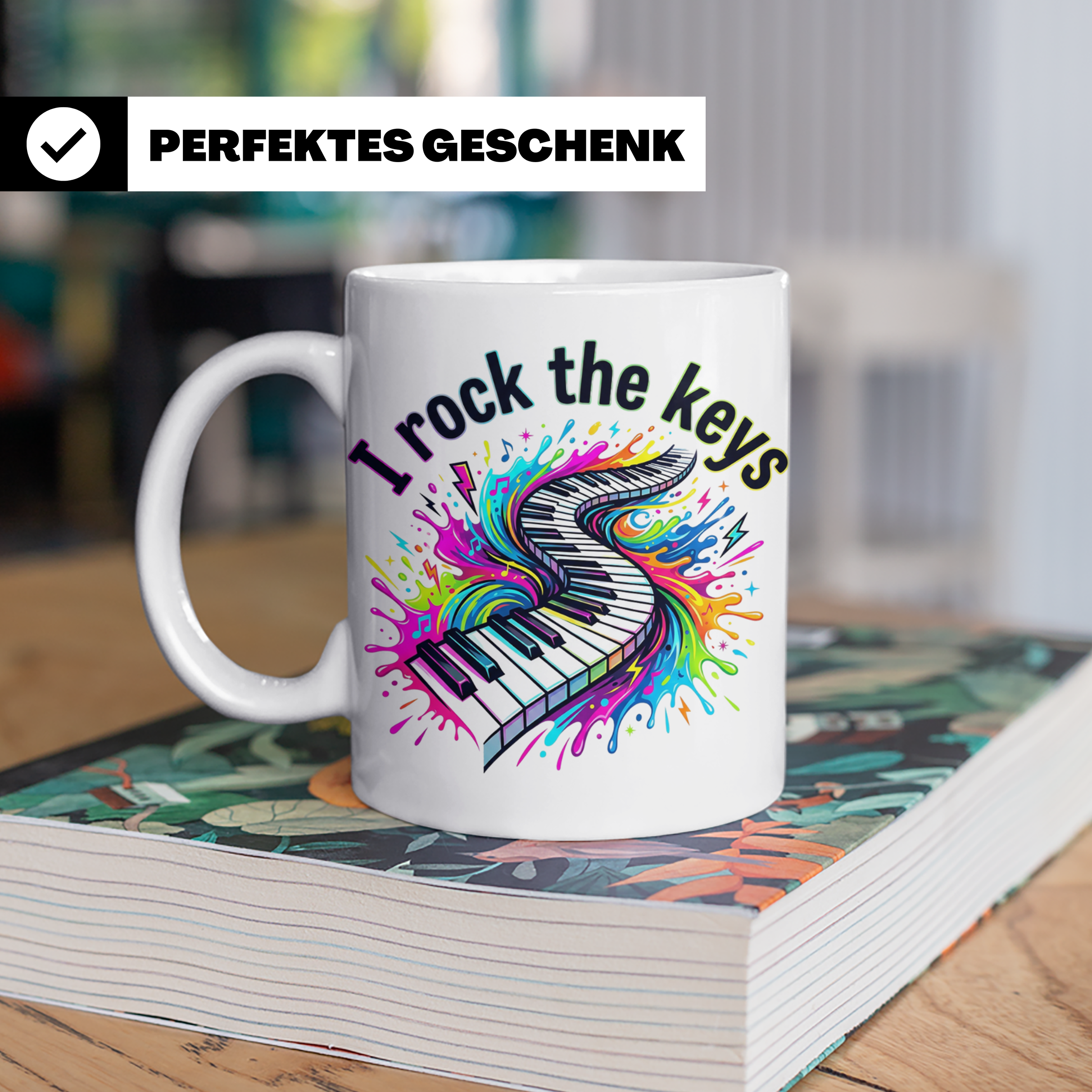 Pianist Tasse I Rock The Keys, Geschenk für Klavierspieler,  – Weiß [farbe:weiß]