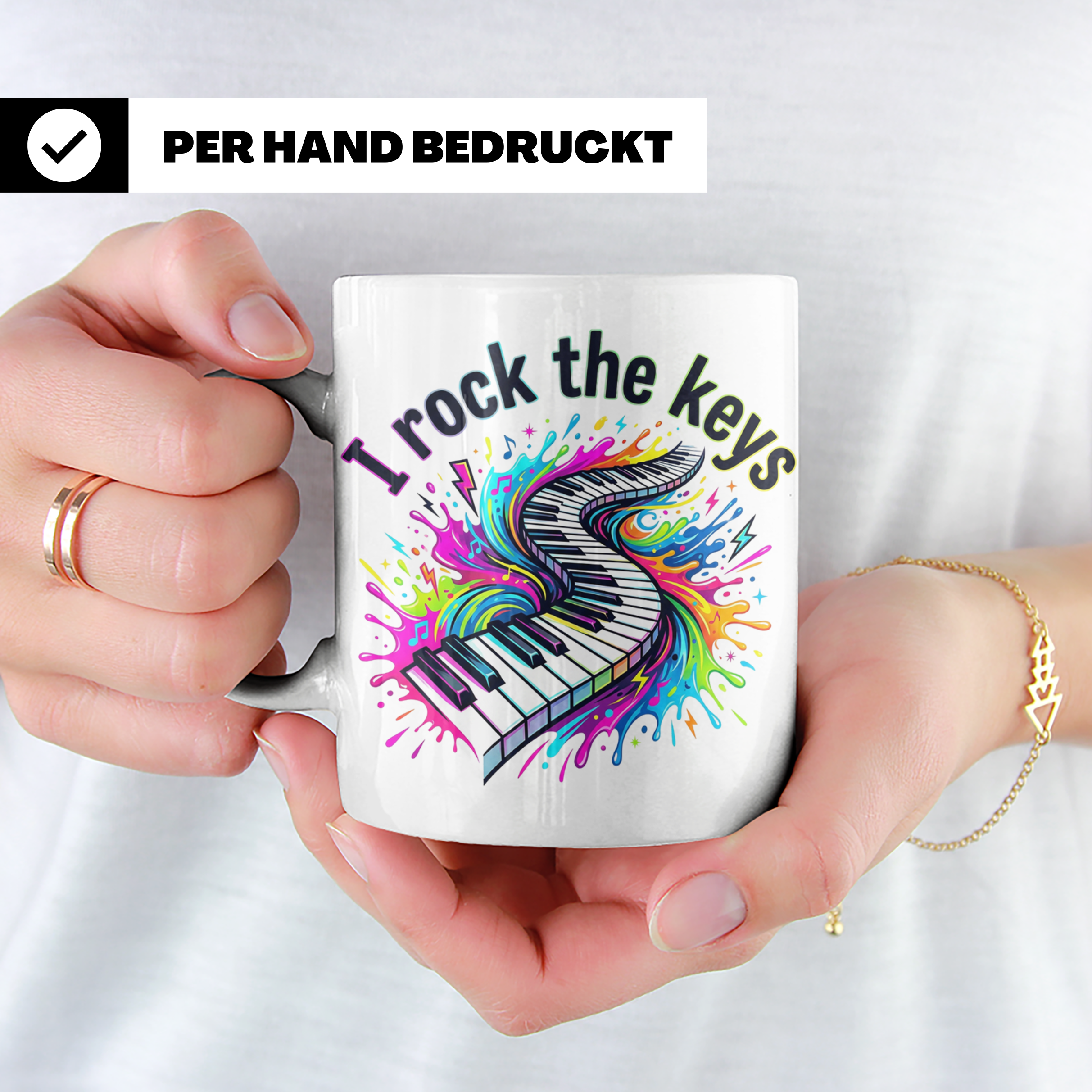 Pianist Tasse I Rock The Keys, Geschenk für Klavierspieler,  – Weiß [farbe:weiß]