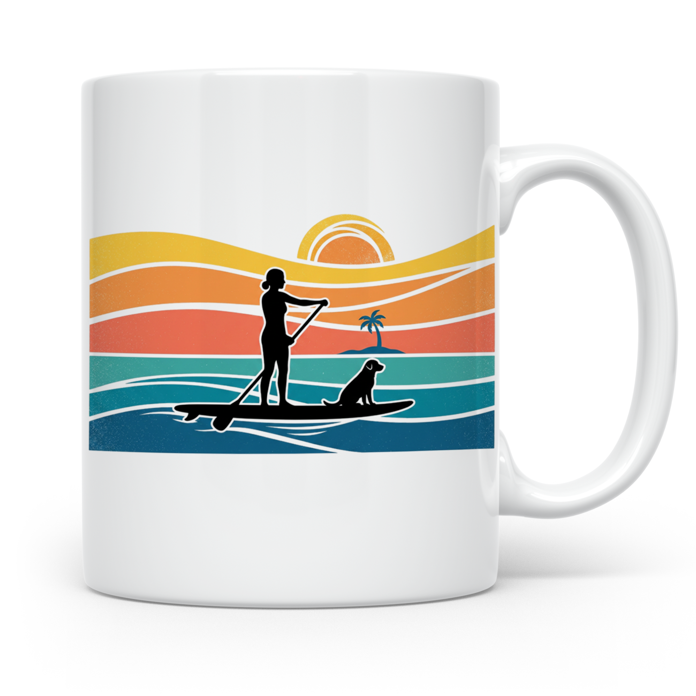 Stand Up Paddling Tasse mit Hund, SUP Paddlerin im Retro Son – Weiß [farbe:weiß]