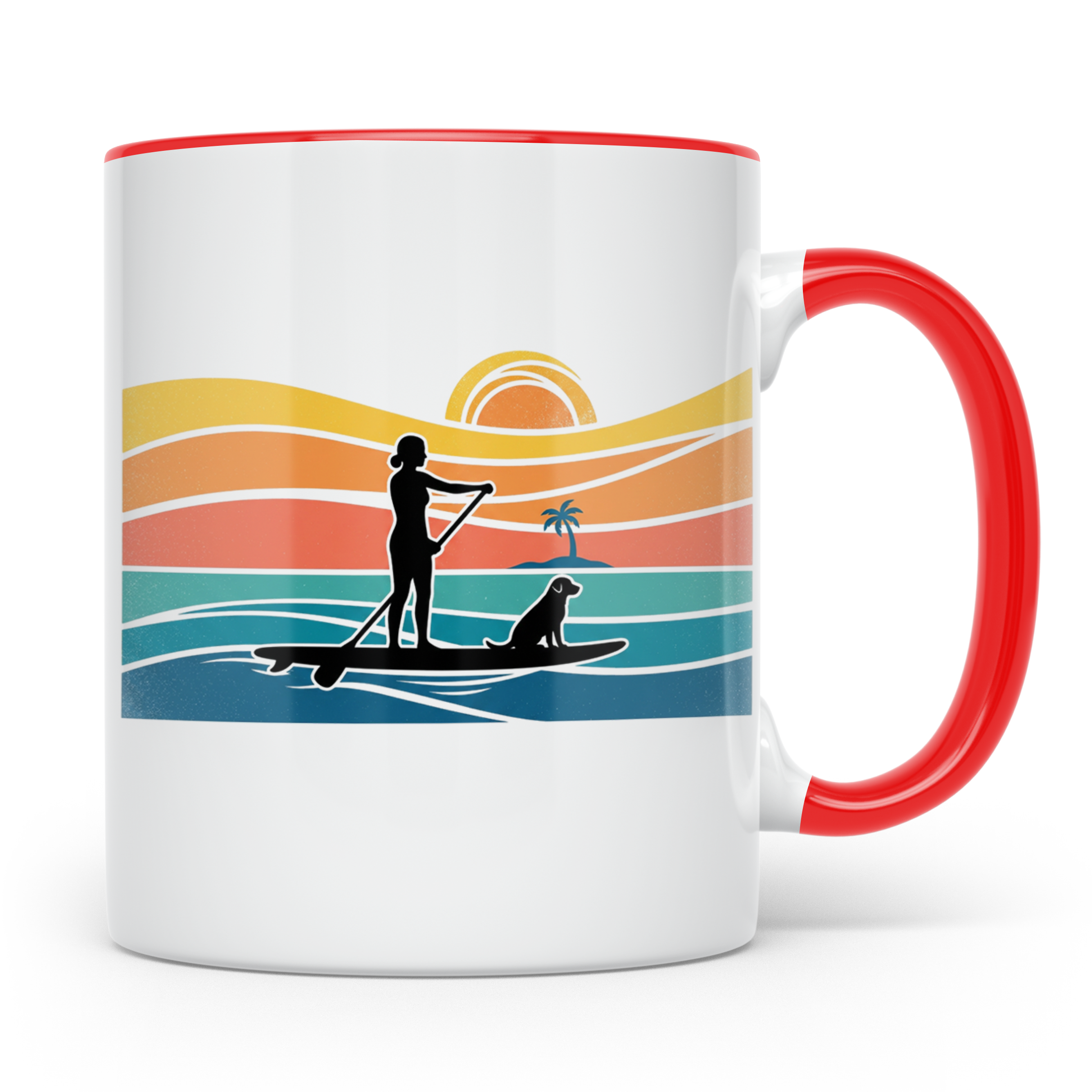 Stand Up Paddling Tasse mit Hund, SUP Paddlerin im Retro Son – Rot [farbe:rot]