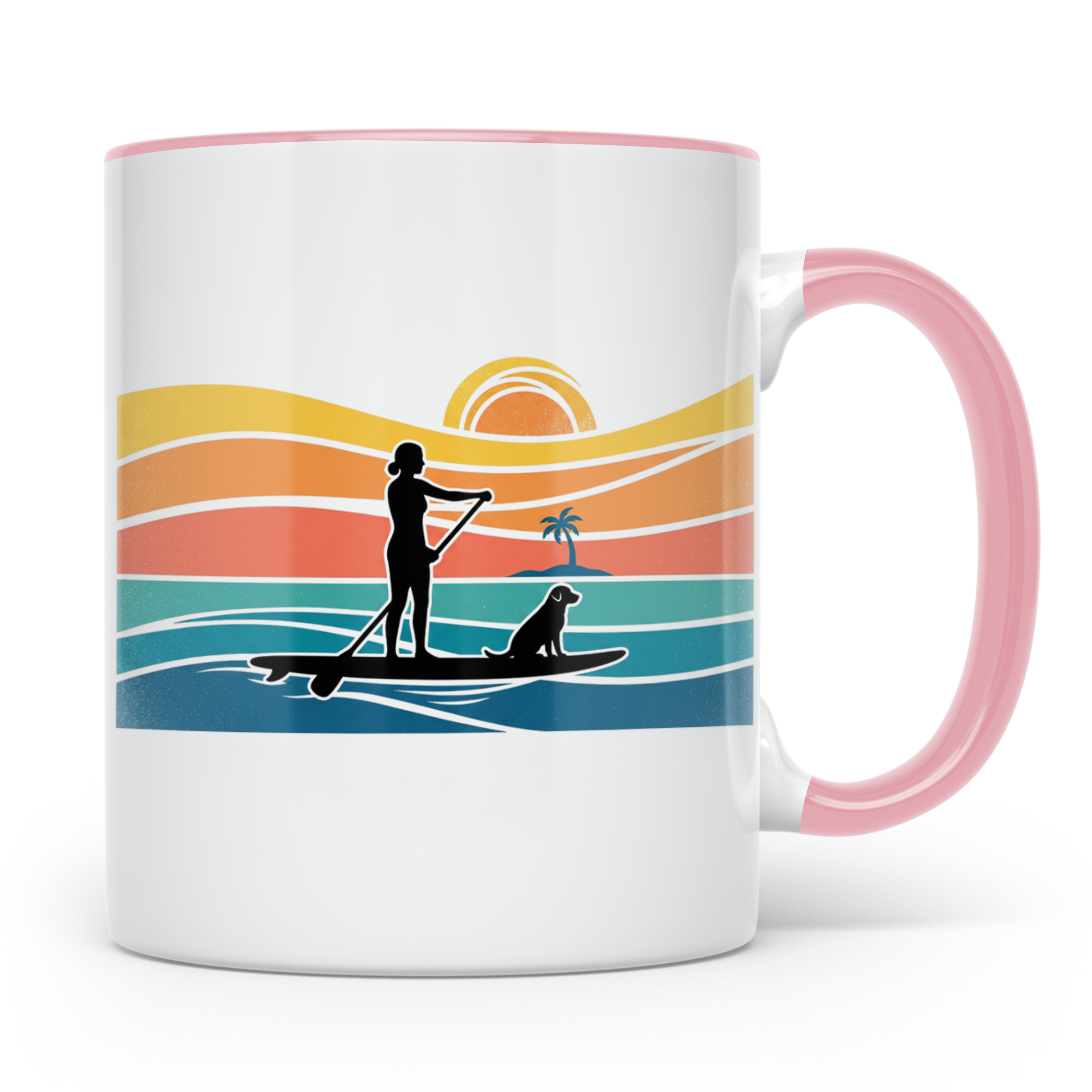 Stand Up Paddling Tasse mit Hund, SUP Paddlerin im Retro Son – Rosa [farbe:rosa]
