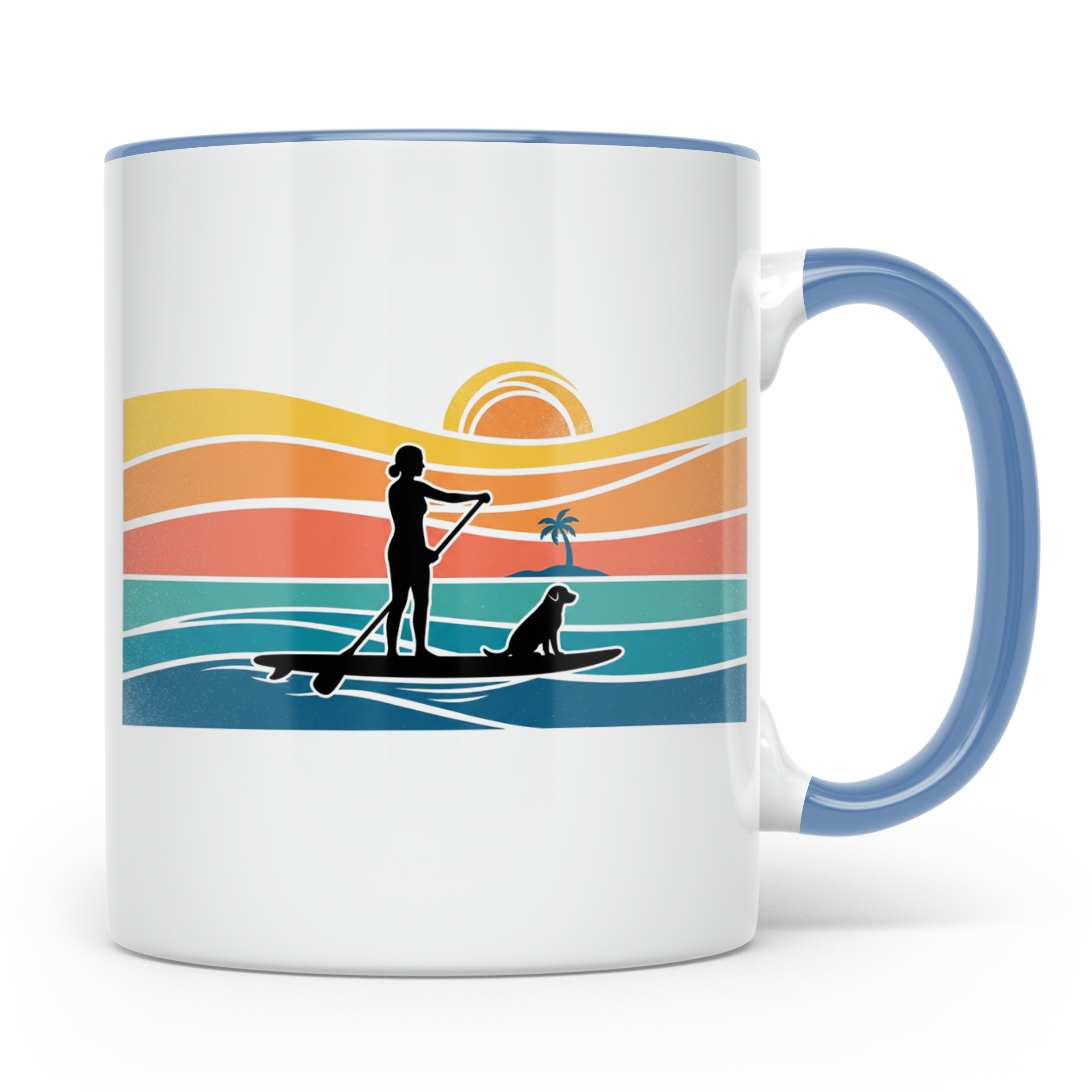 Stand Up Paddling Tasse mit Hund, SUP Paddlerin im Retro Son – Blau [farbe:blau]