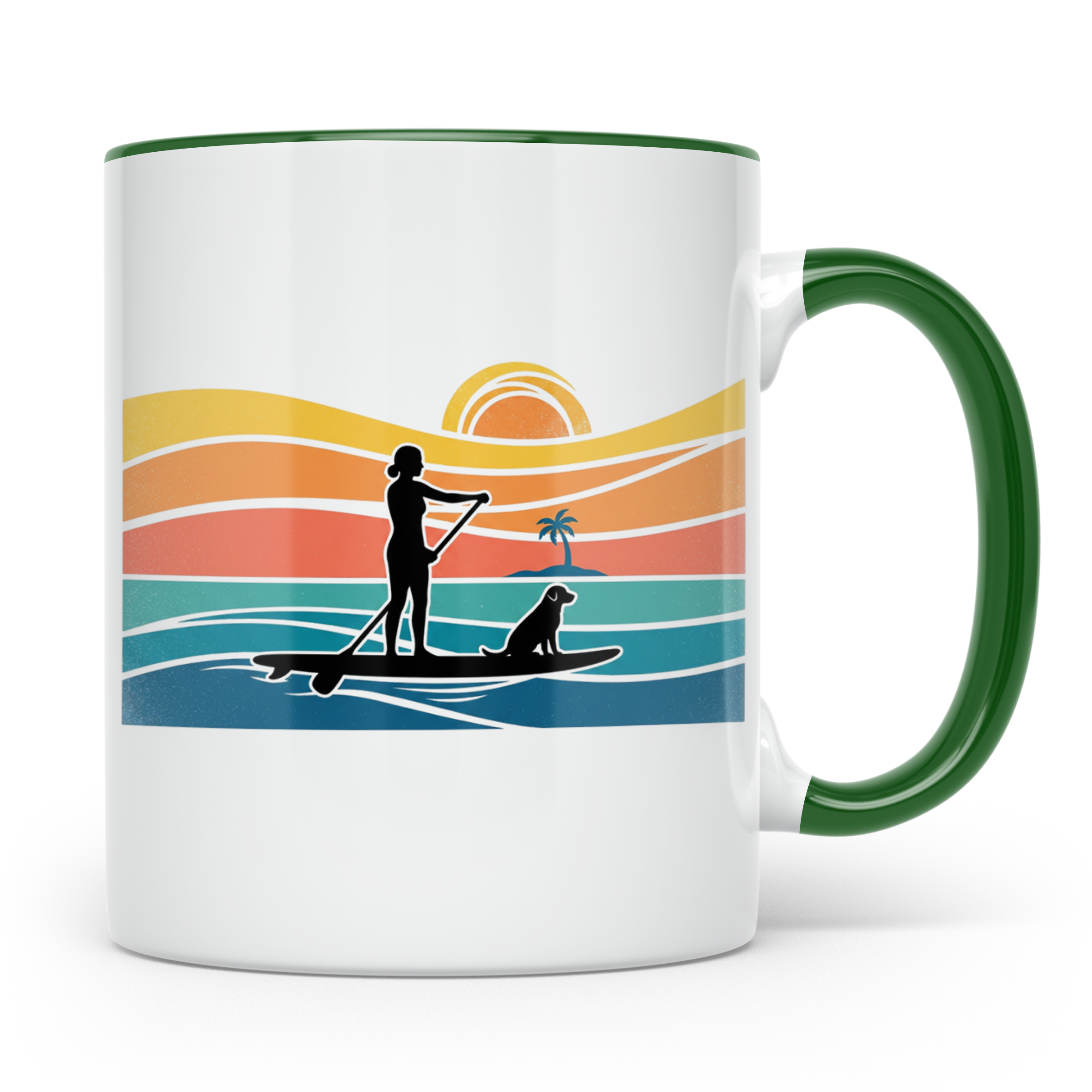 Stand Up Paddling Tasse mit Hund, SUP Paddlerin im Retro Son – Grün [farbe:grün]