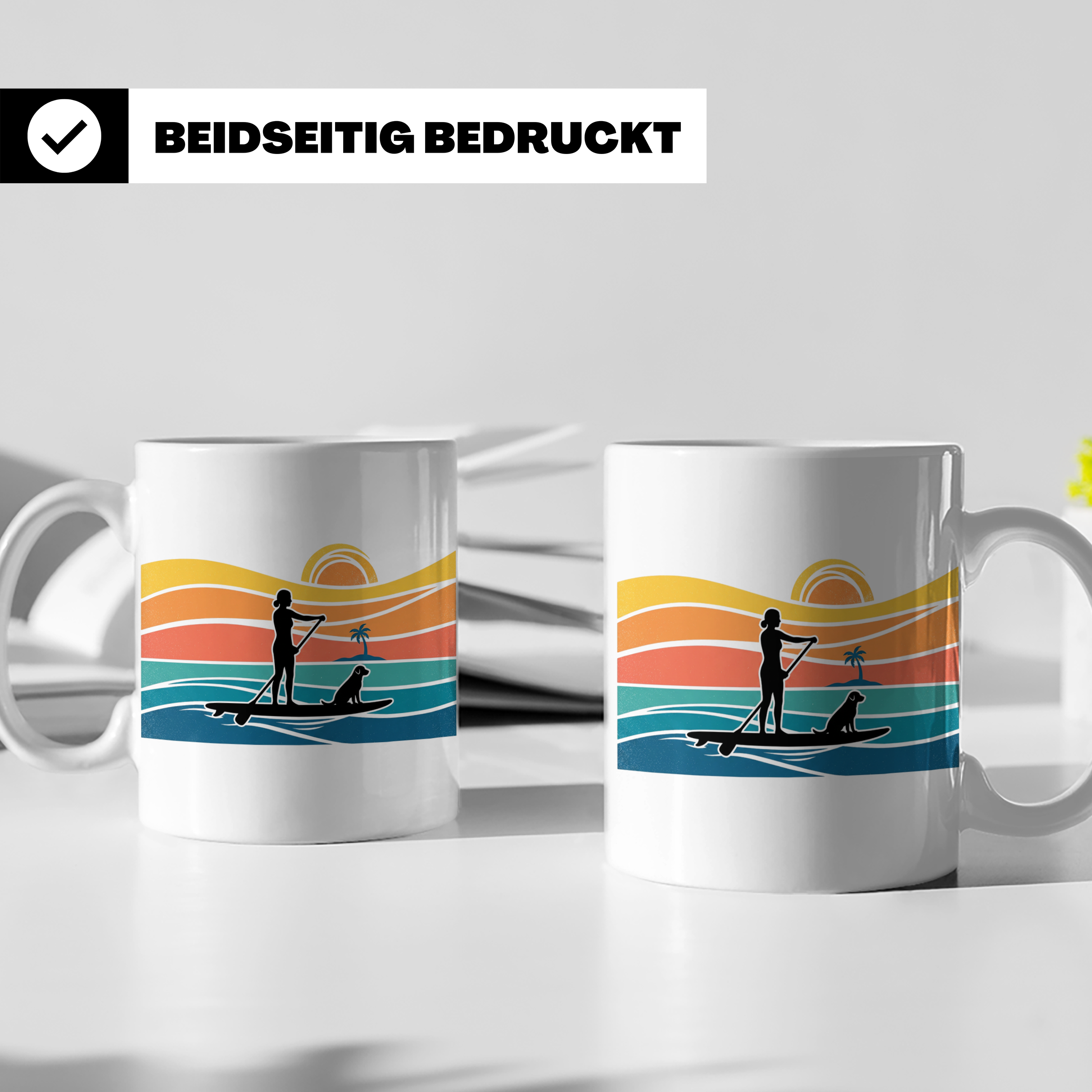 Stand Up Paddling Tasse mit Hund, SUP Paddlerin im Retro Son – Weiß [farbe:weiß]
