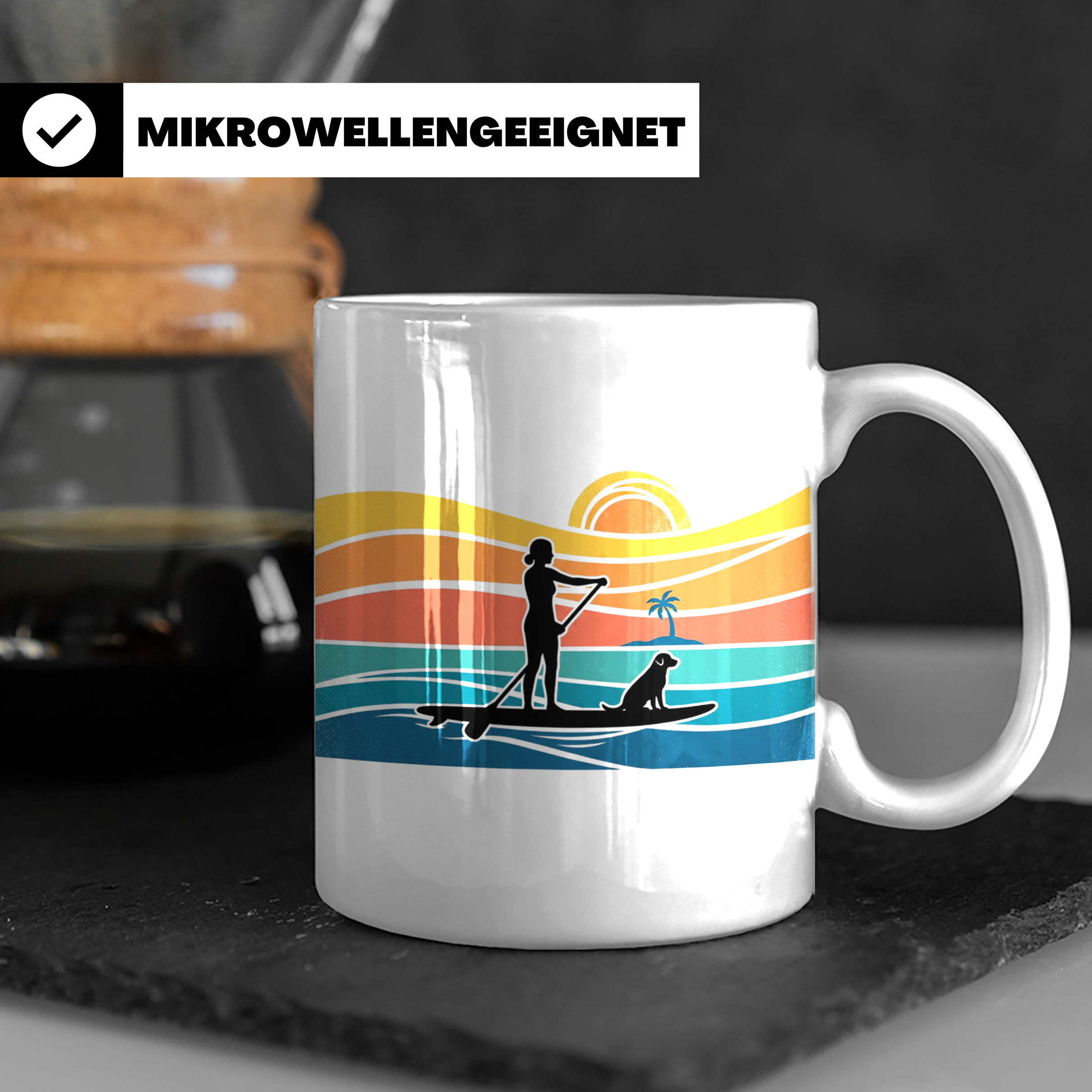 Stand Up Paddling Tasse mit Hund, SUP Paddlerin im Retro Son – Weiß [farbe:weiß]