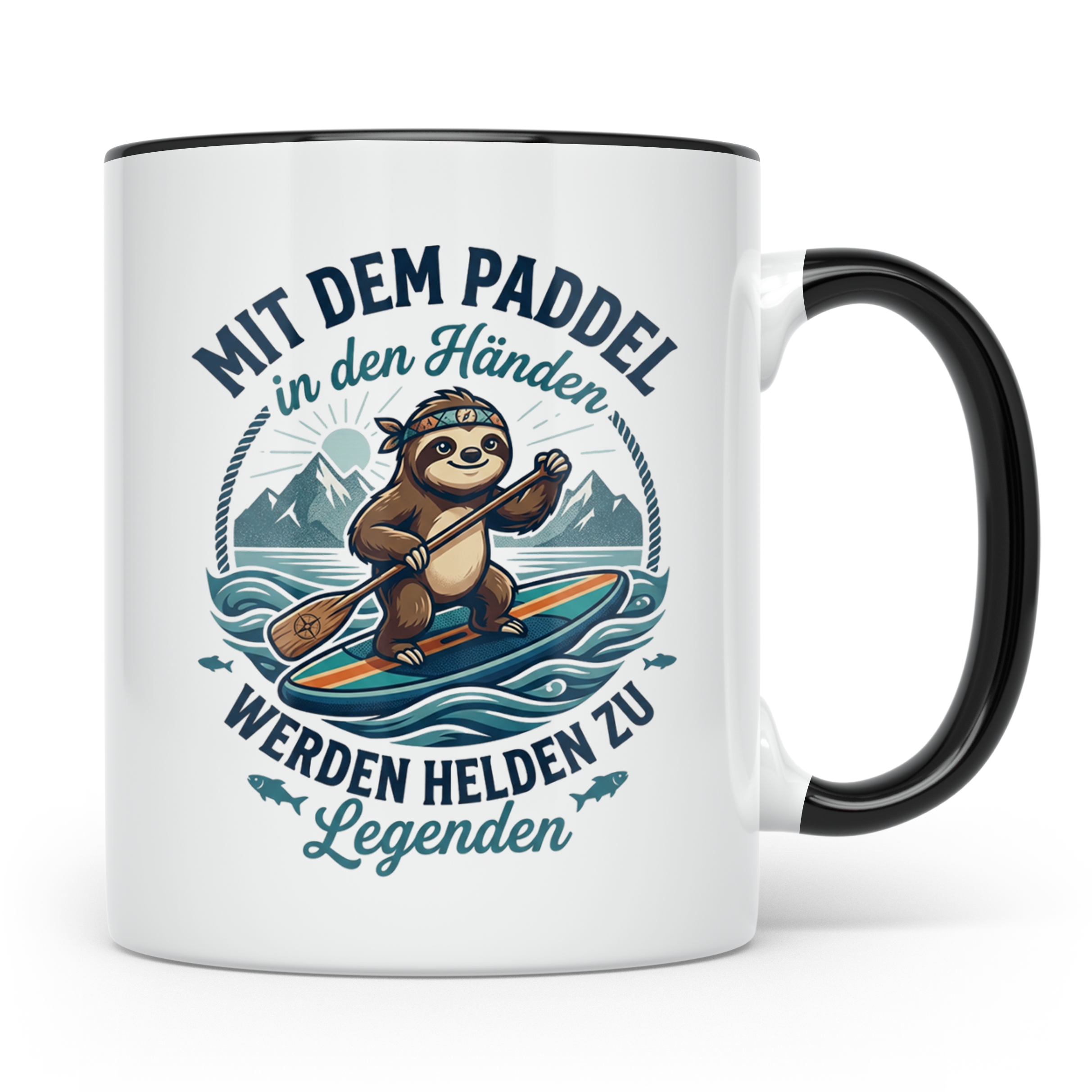 SUP Tasse mit Faultier Spruch "Mit dem Paddel in den Händen" – Schwarz [farbe:schwarz]