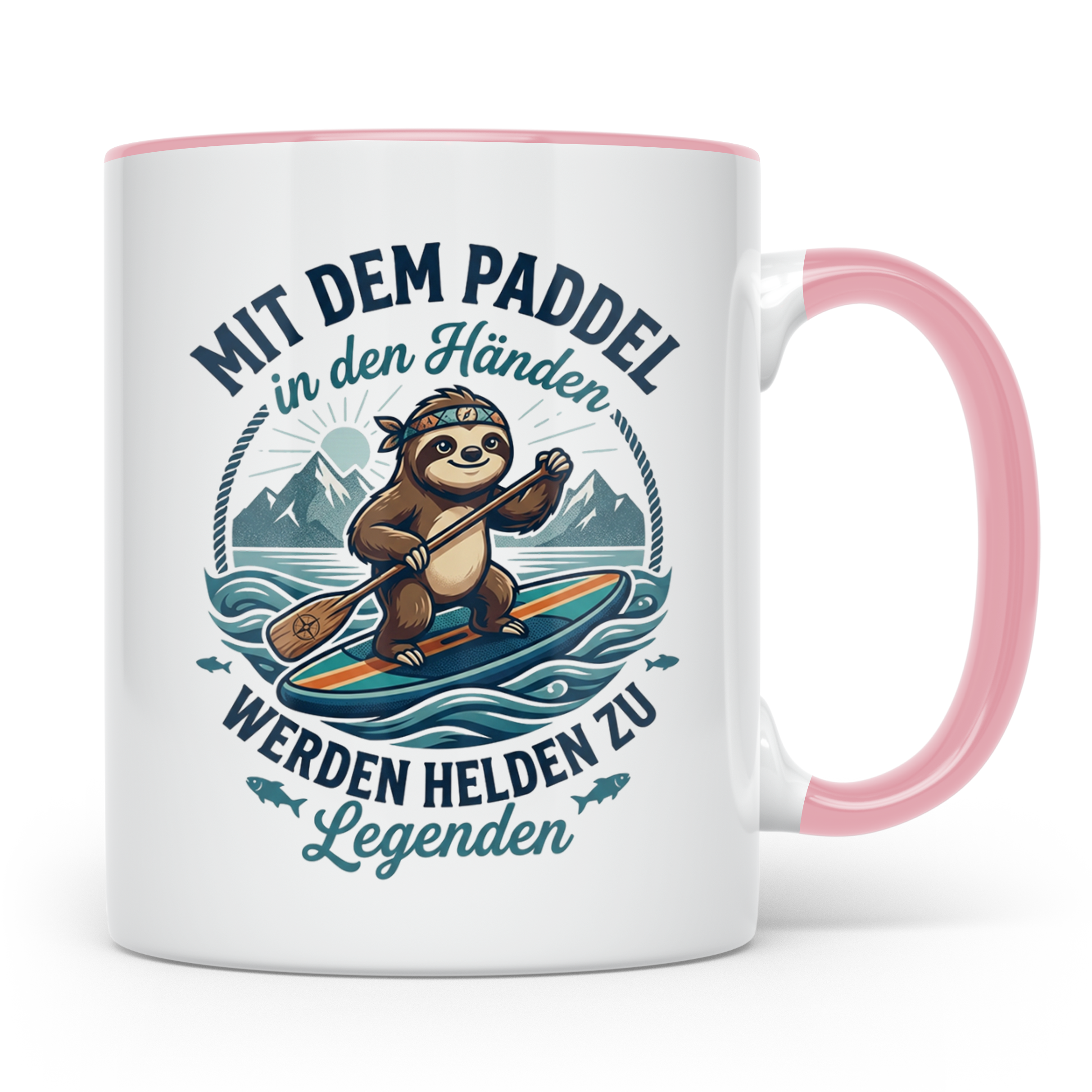 SUP Tasse mit Faultier Spruch "Mit dem Paddel in den Händen" – Rosa [farbe:rosa]