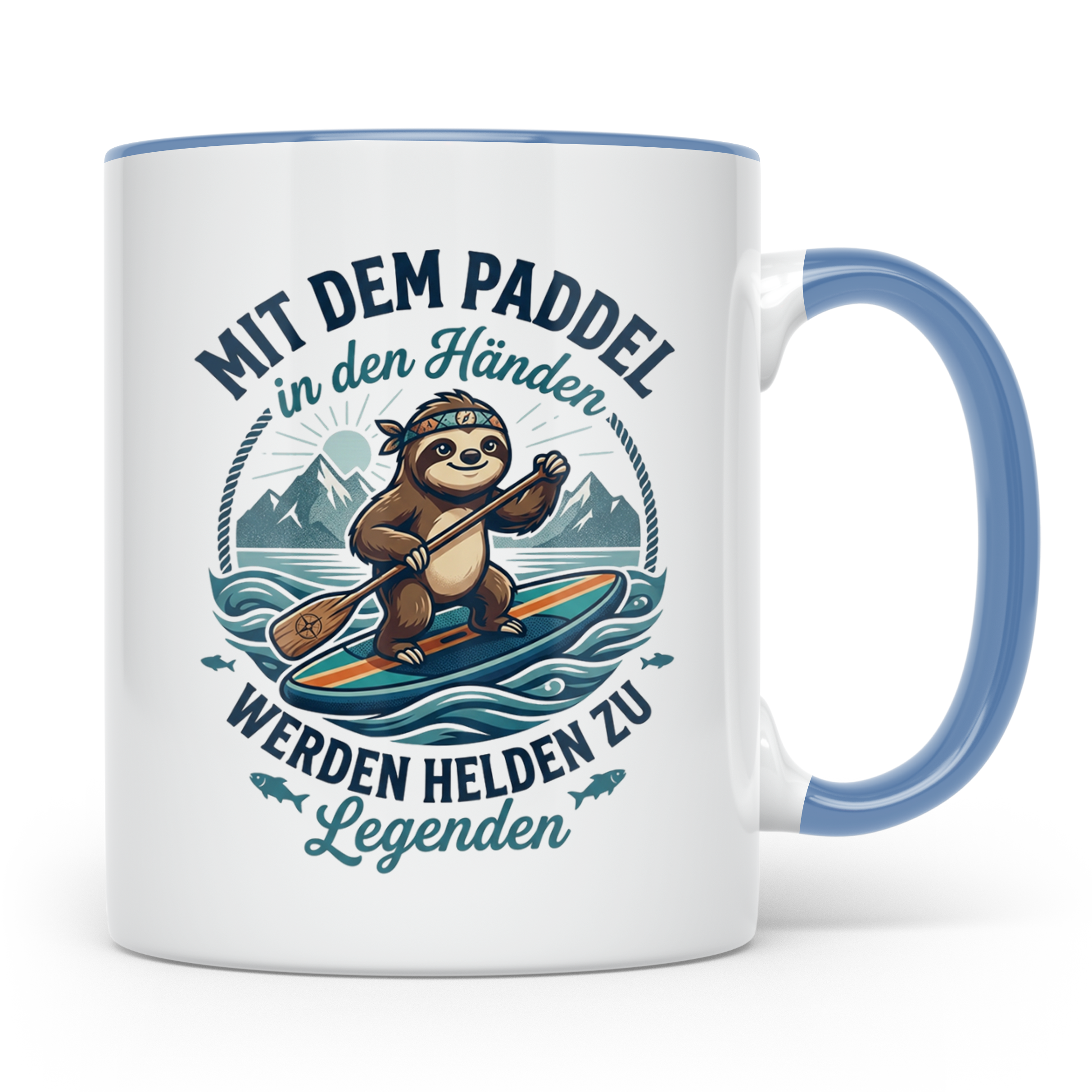 SUP Tasse mit Faultier Spruch "Mit dem Paddel in den Händen" – Blau [farbe:blau]