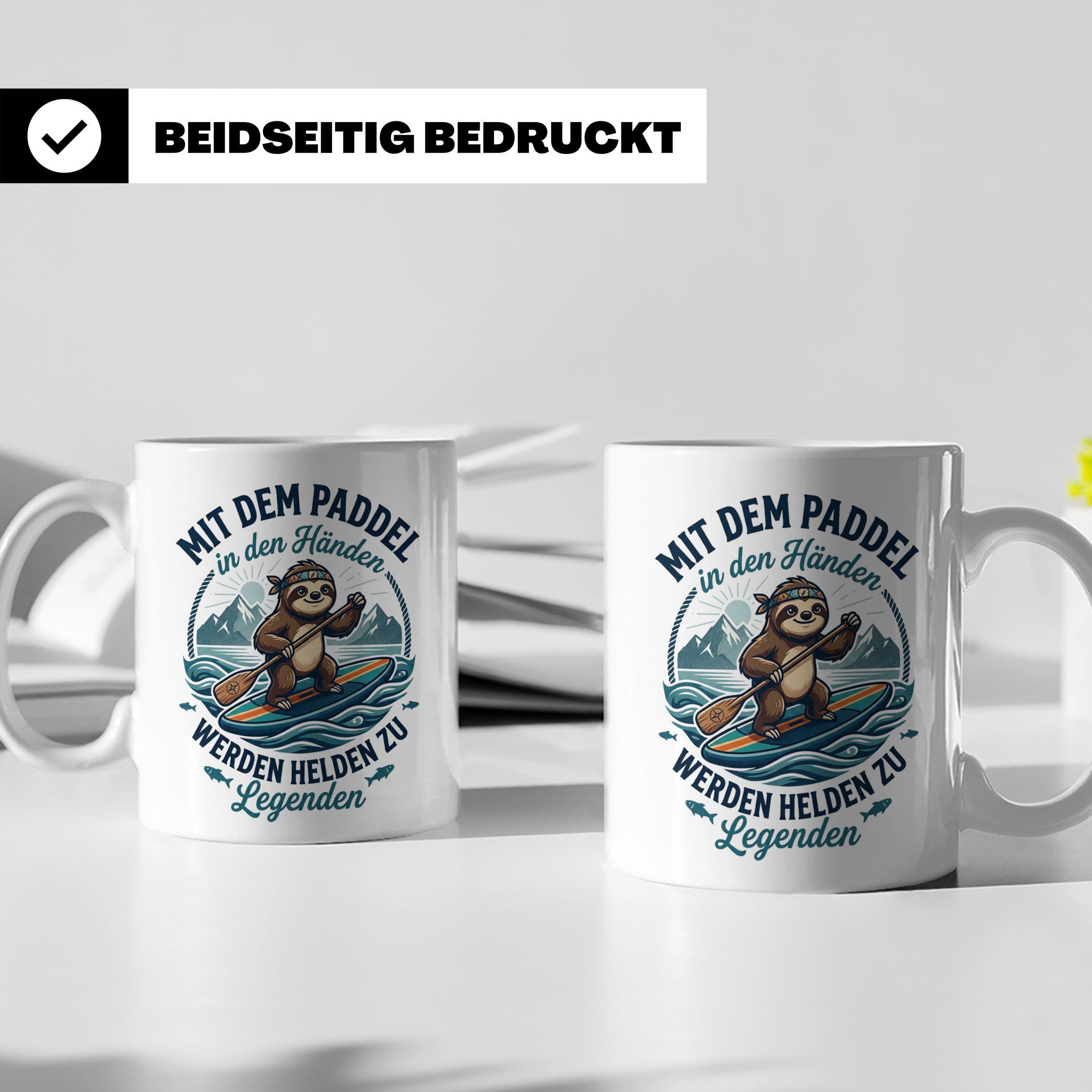 SUP Tasse mit Faultier Spruch "Mit dem Paddel in den Händen" – Weiß [farbe:weiß]