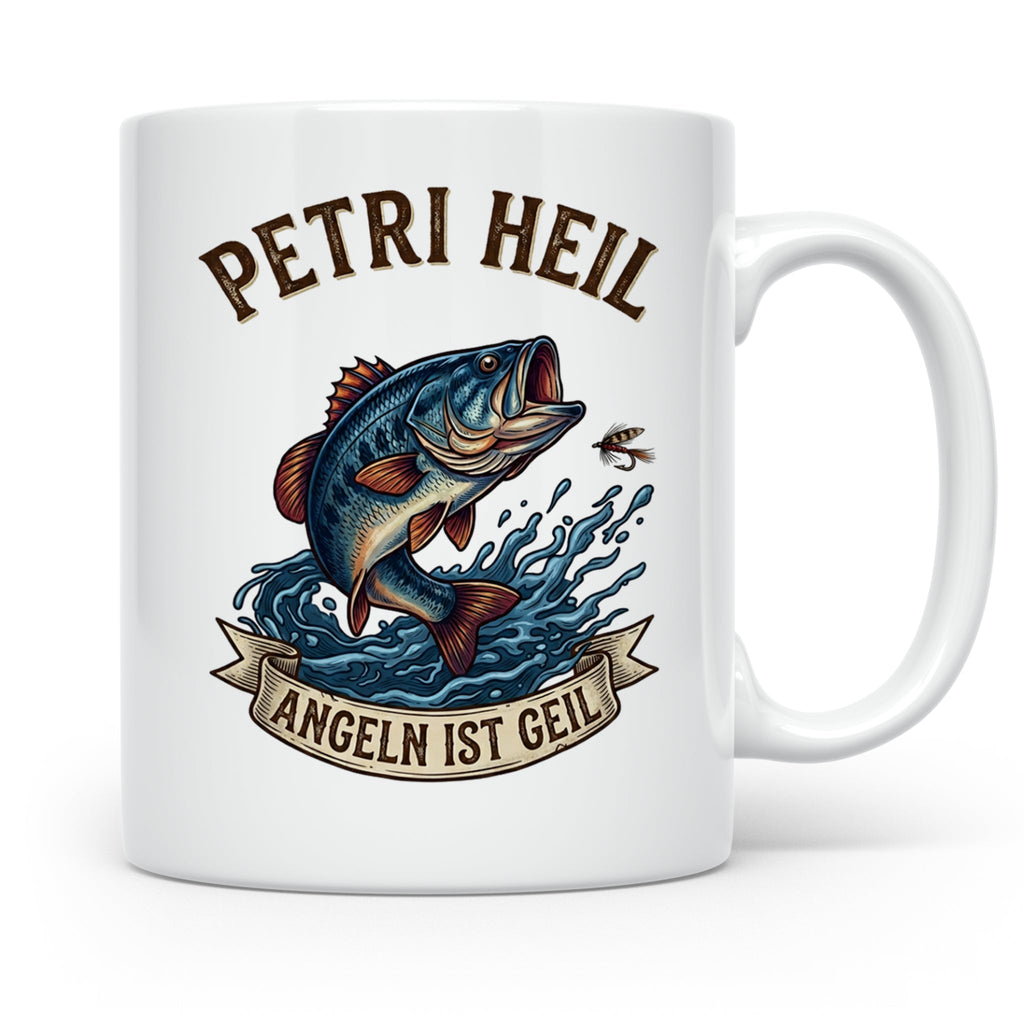 Petri Heil Tasse Angeln ist Geil, Geschenk für Angler, Fisch – Weiß [farbe:weiß]