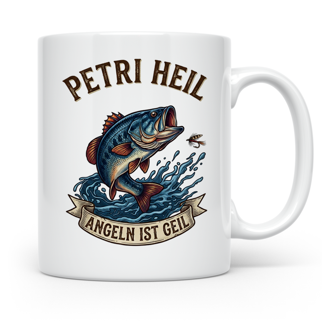 Petri Heil Tasse Angeln ist Geil, Geschenk für Angler, Fisch – Weiß [farbe:weiß]