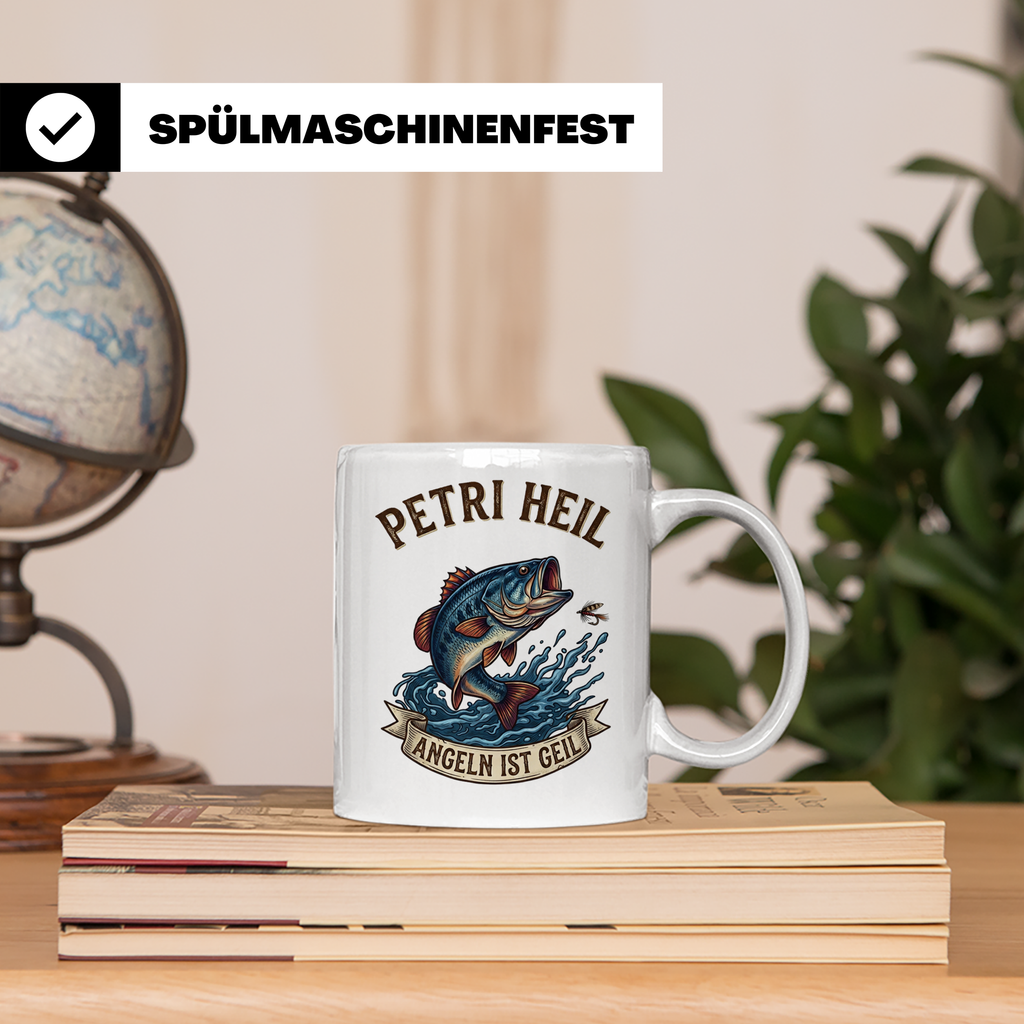 Petri Heil Tasse Angeln ist Geil, Geschenk für Angler, Fisch – Weiß [farbe:weiß]