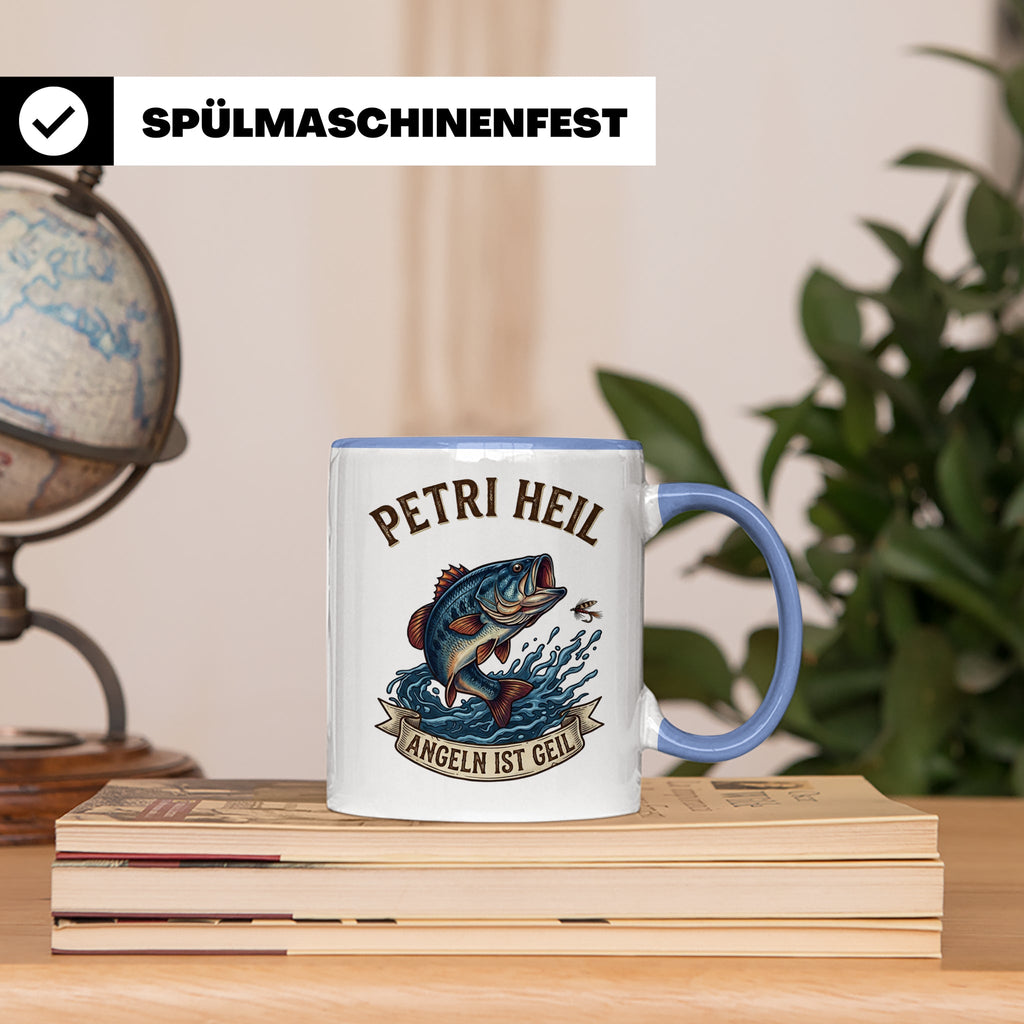 Petri Heil Tasse Angeln ist Geil, Geschenk für Angler, Fisch – Blau [farbe:blau]