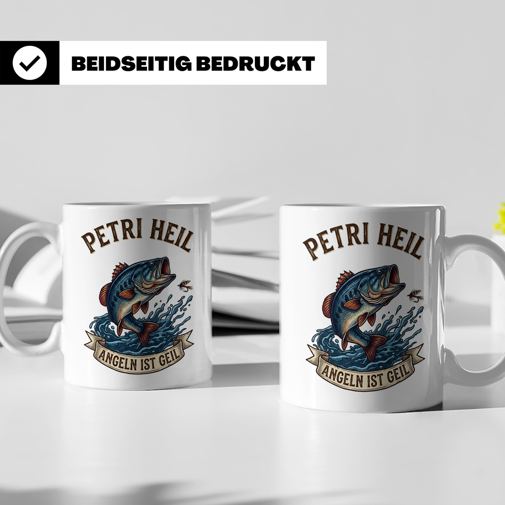 Petri Heil Tasse Angeln ist Geil, Geschenk für Angler, Fisch – Weiß [farbe:weiß]