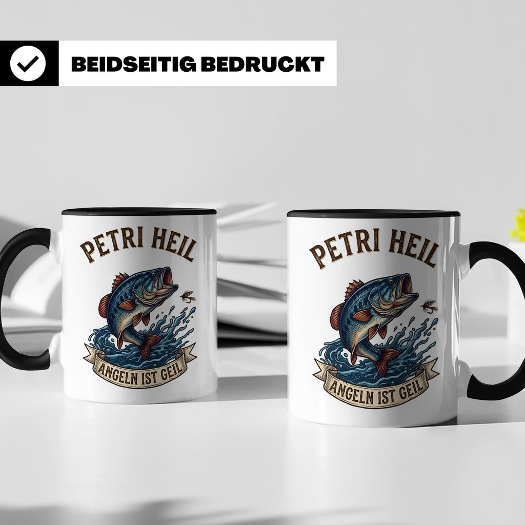 Petri Heil Tasse Angeln ist Geil, Geschenk für Angler, Fisch – Schwarz [farbe:schwarz]