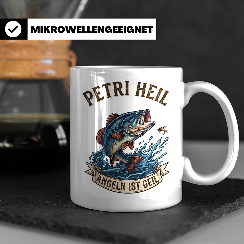 Petri Heil Tasse Angeln ist Geil, Geschenk für Angler, Fisch – Weiß [farbe:weiß]