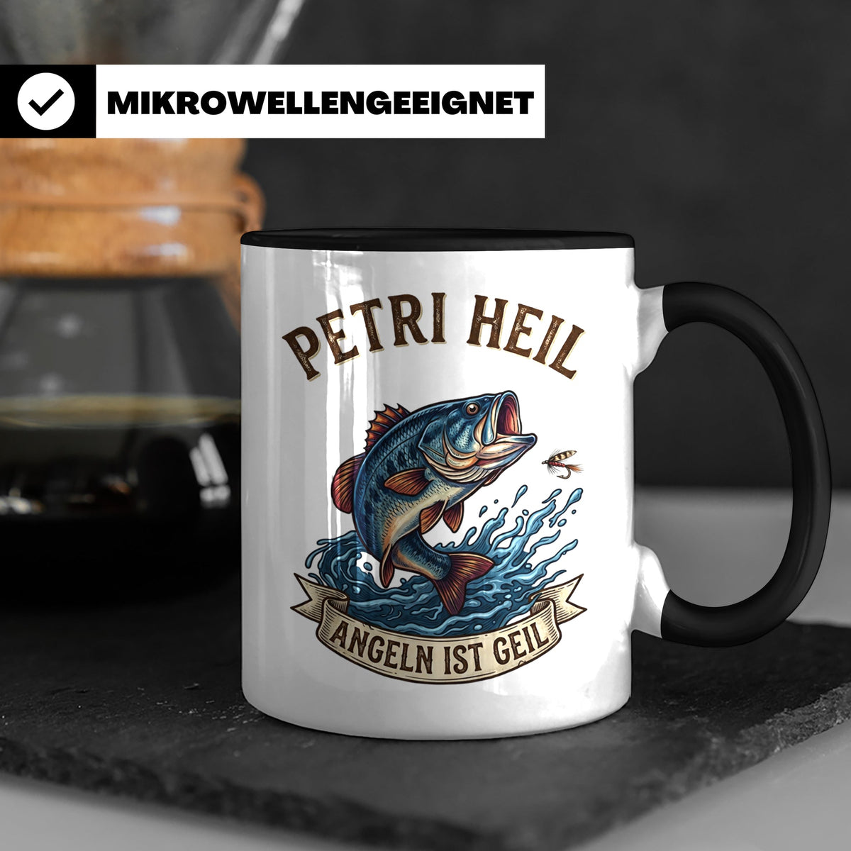 Petri Heil Tasse Angeln ist Geil, Geschenk für Angler, Fisch – Schwarz [farbe:schwarz]