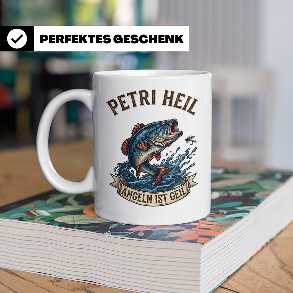 Petri Heil Tasse Angeln ist Geil, Geschenk für Angler, Fisch – Weiß [farbe:weiß]