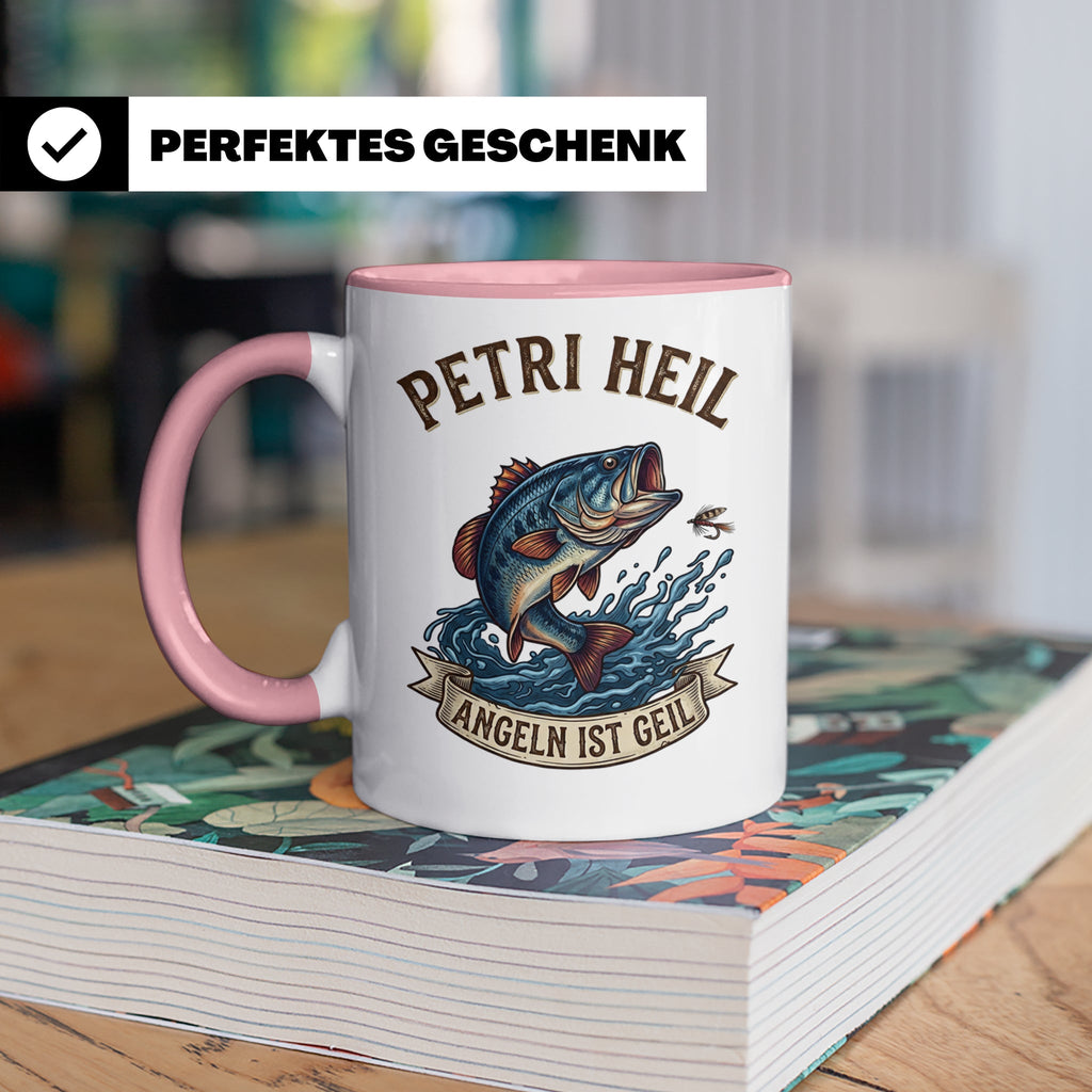 Petri Heil Tasse Angeln ist Geil, Geschenk für Angler, Fisch – Rosa [farbe:rosa]