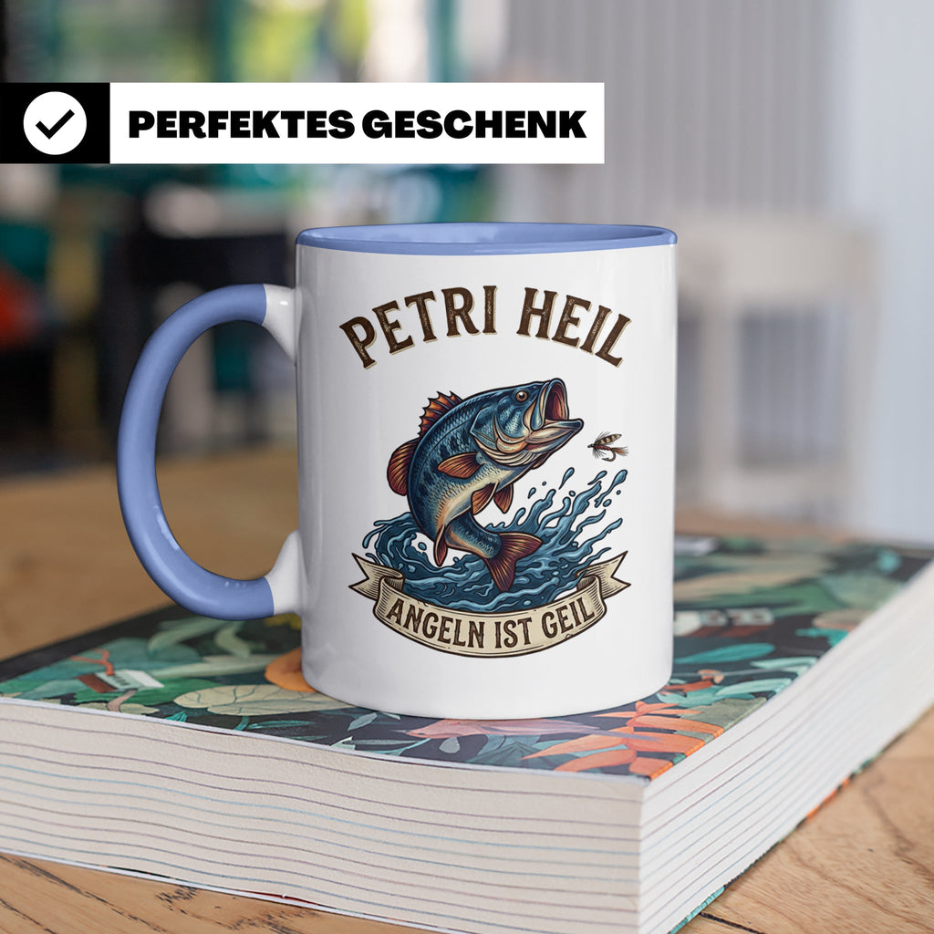 Petri Heil Tasse Angeln ist Geil, Geschenk für Angler, Fisch – Blau [farbe:blau]
