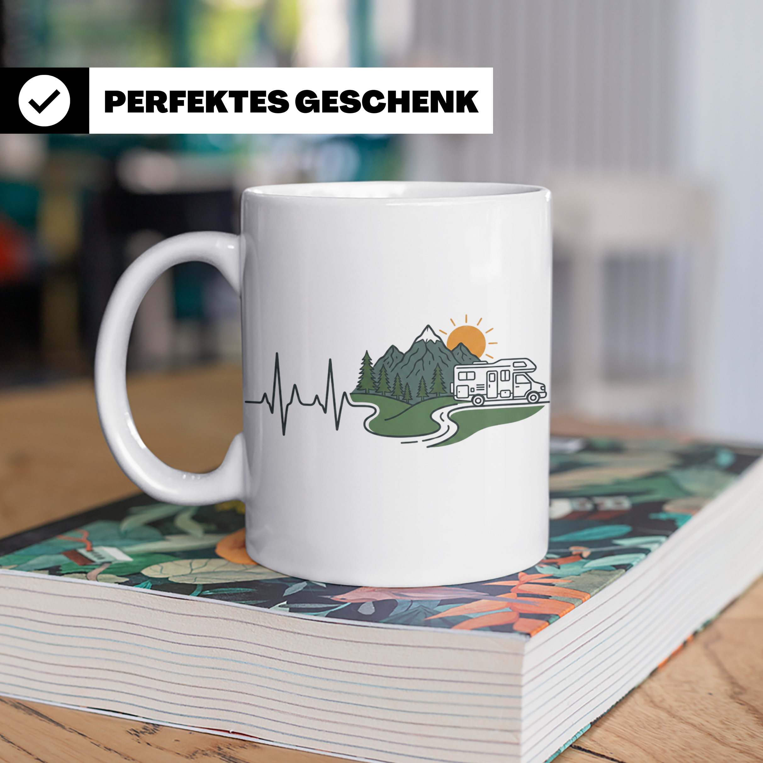 Camper Tasse Herzschlag Berge, Wohnmobil Geschenk für Campin – Weiß [farbe:weiß]