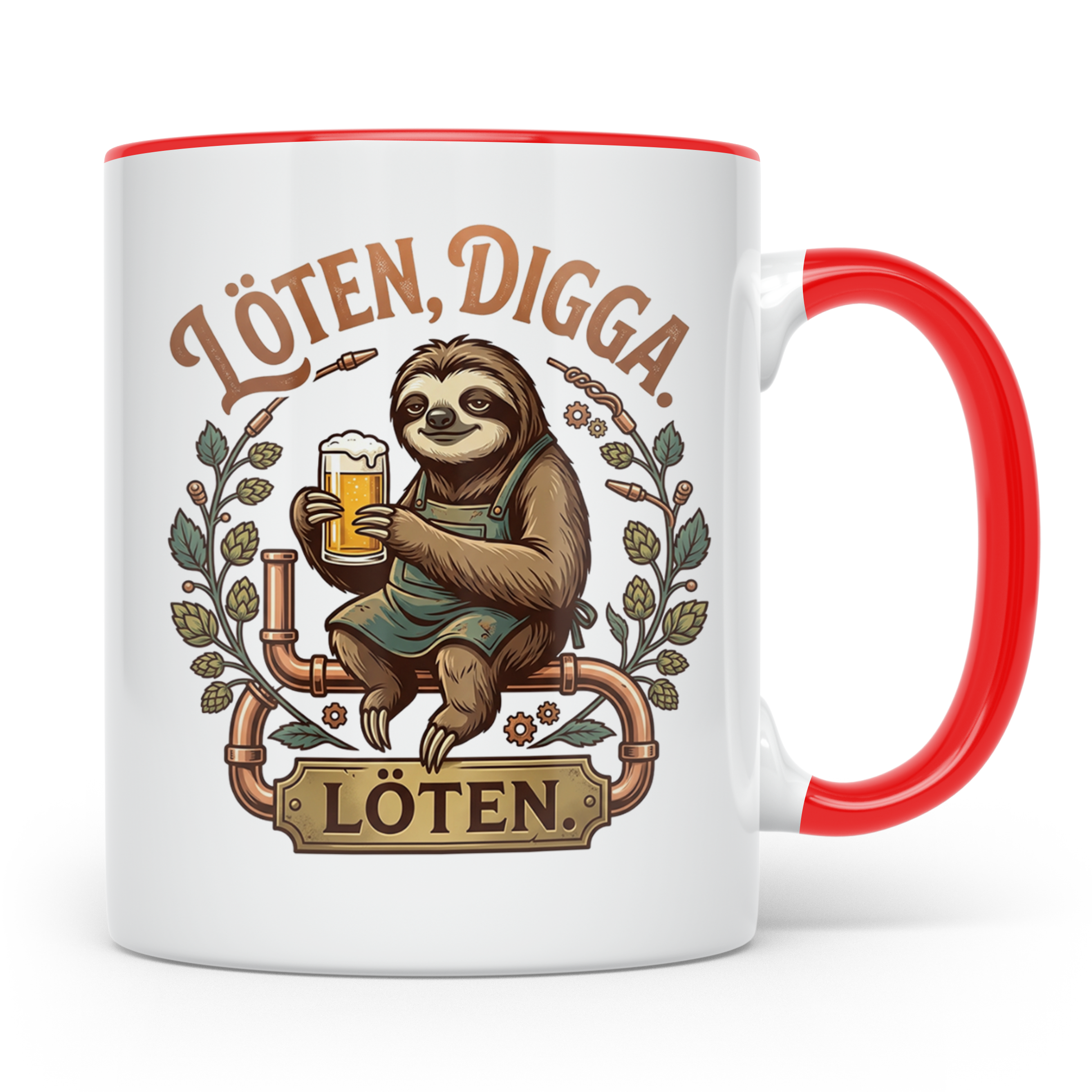 Löten Digga Tasse mit Faultier & Bier, lustiger Spruch für H – Rot [farbe:rot]