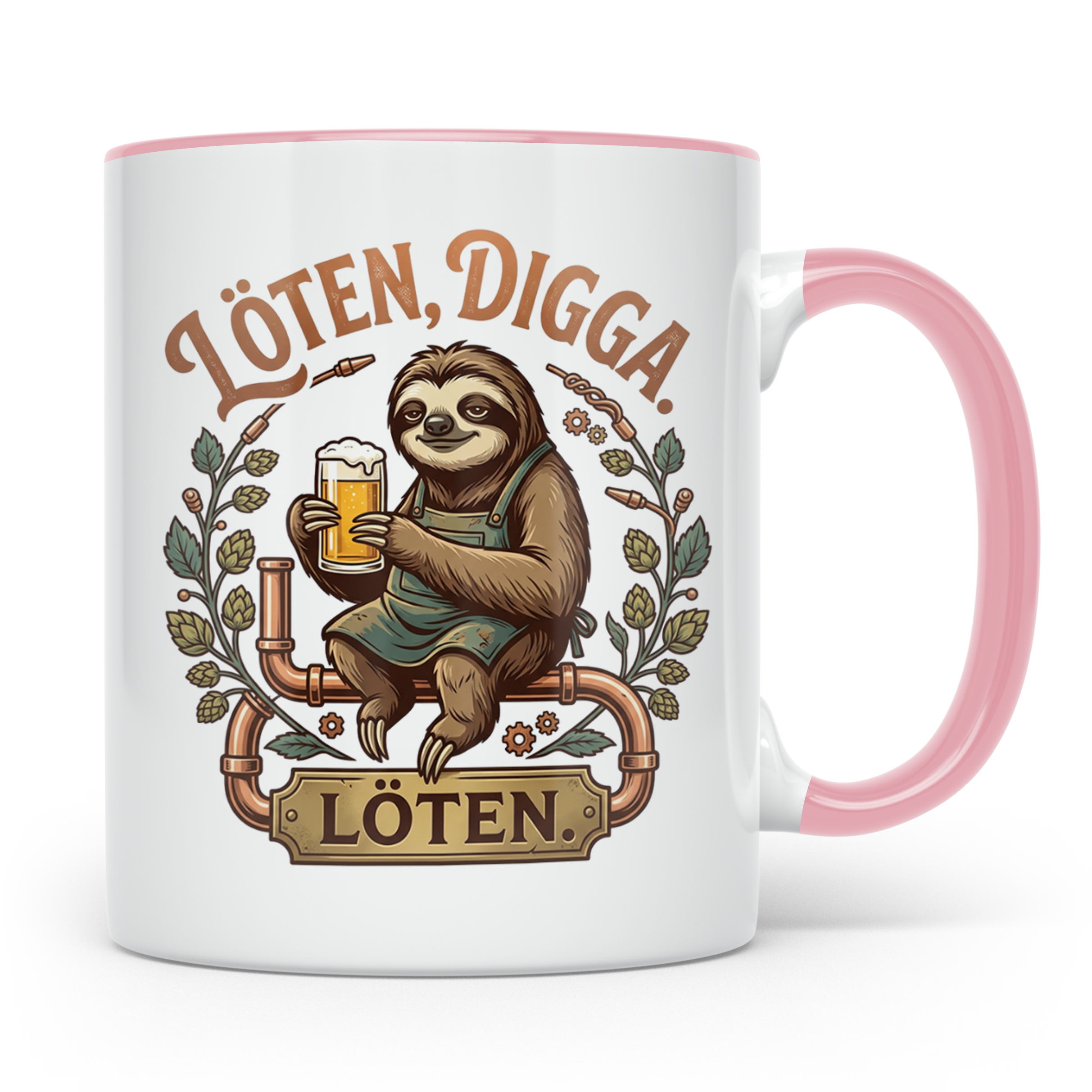Löten Digga Tasse mit Faultier & Bier, lustiger Spruch für H – Rosa [farbe:rosa]